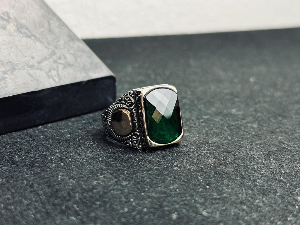 Men’s Emerald Ring: Square Stone, Crescent Star - Sterling Silver