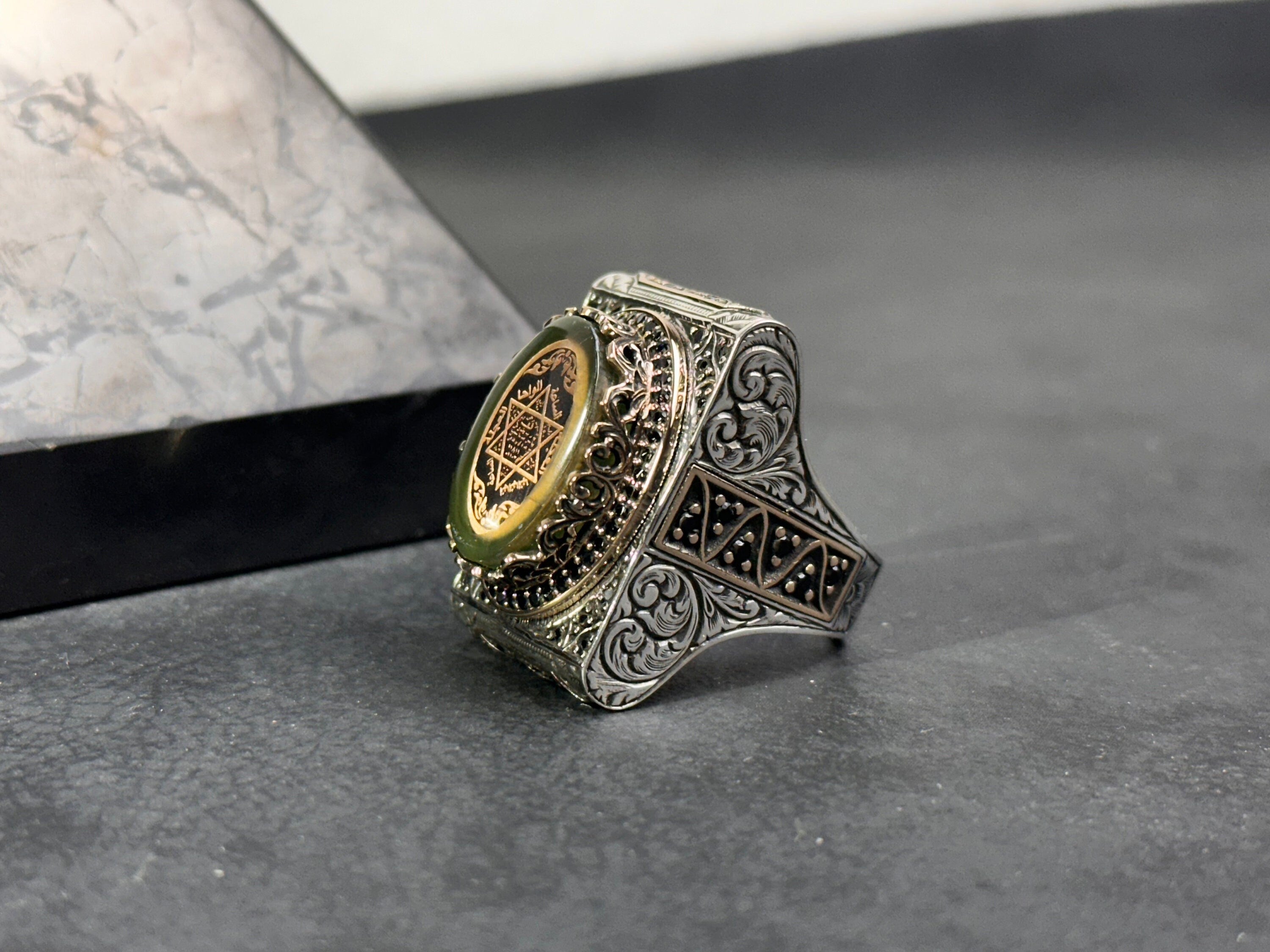 Solomon Seal Ring: Green Amber in Sterling Silver (Handmade Gift Box)