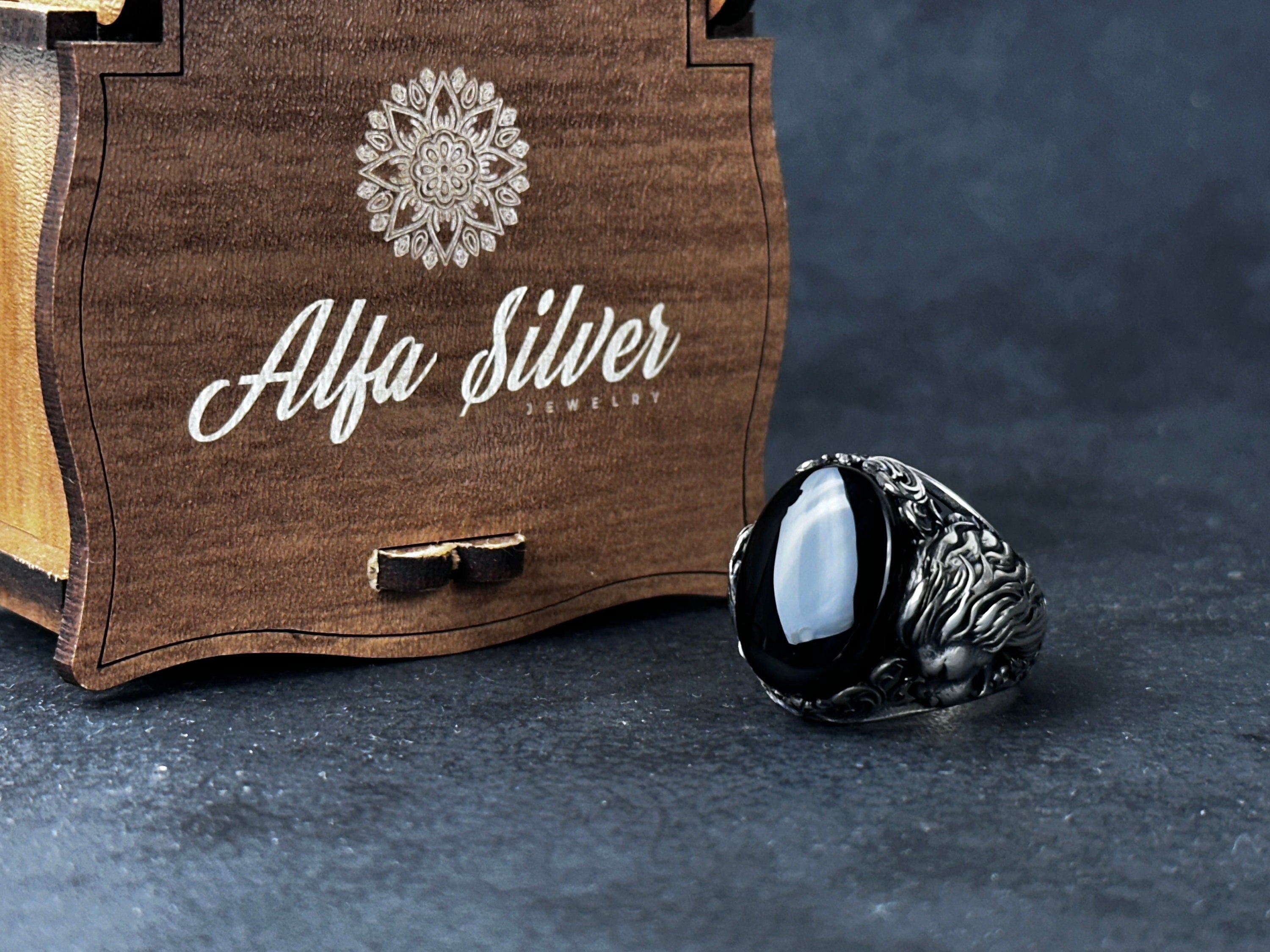 Silver Onyx Lion Ring - Handmade Sterling Statement Jewelry