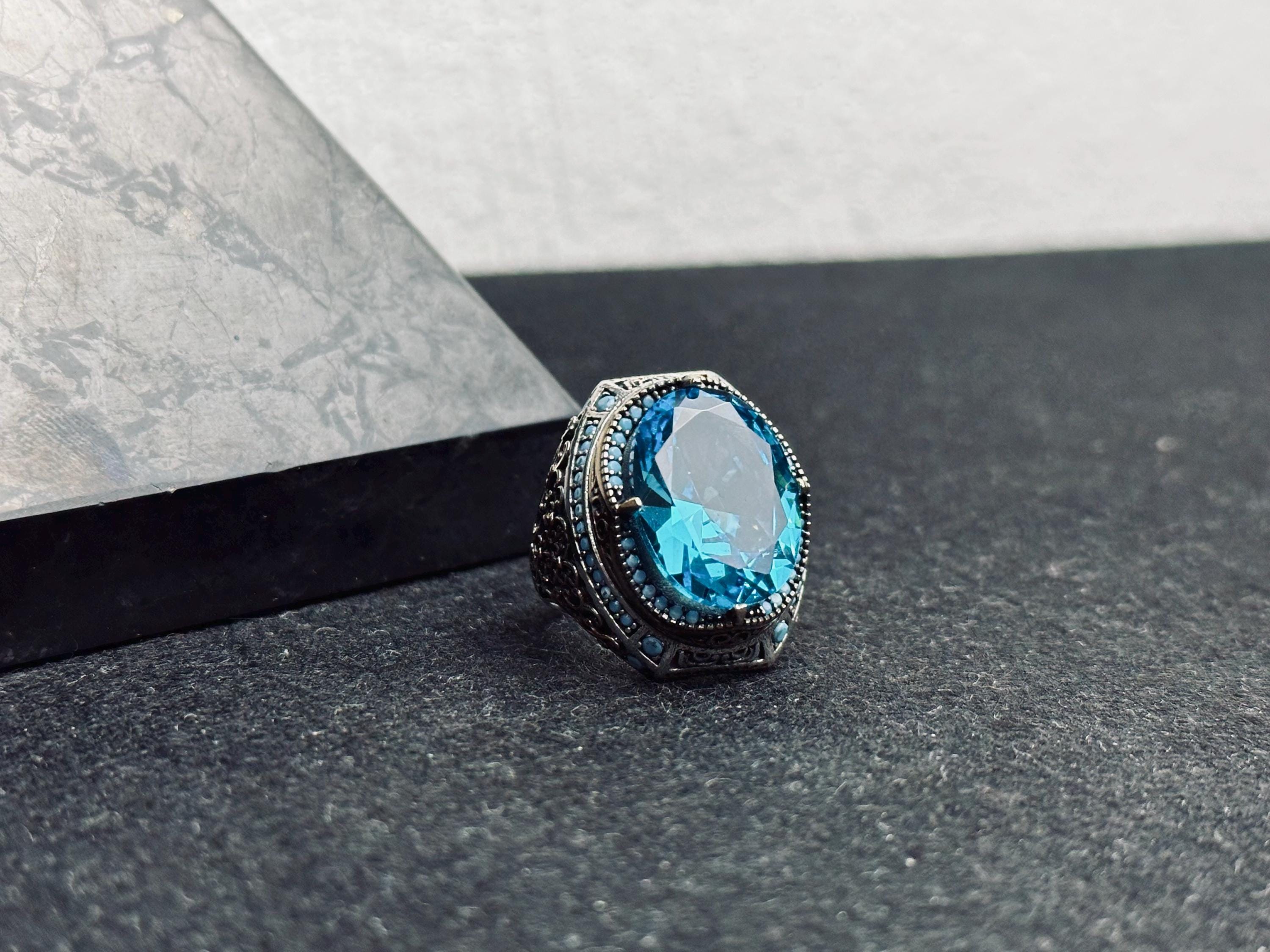 Oval Aquamarine Ring for Men - Bold Vintage Sterling Silver