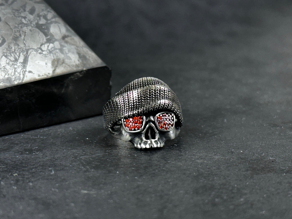 Skull Ring: Gothic Biker Style with Sunglasses (Sterling Silver)