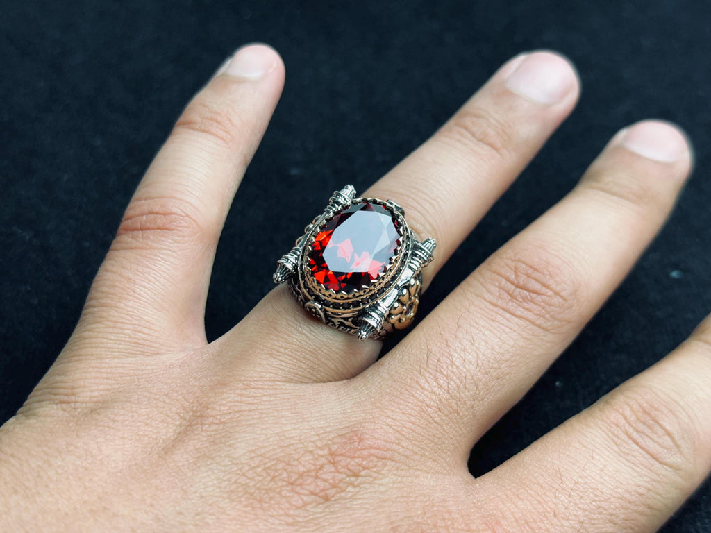 Men's Ruby Ring: Handmade Sterling Silver - Oval Statement Style