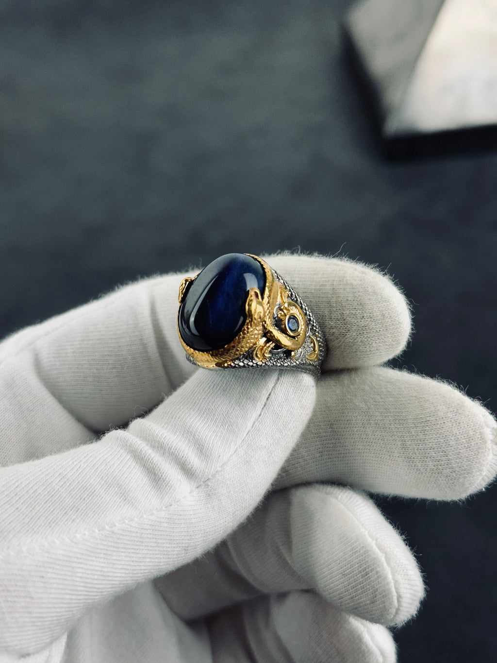 Sapphire Dragon Ring - Sterling Silver Engraved Statement Piece