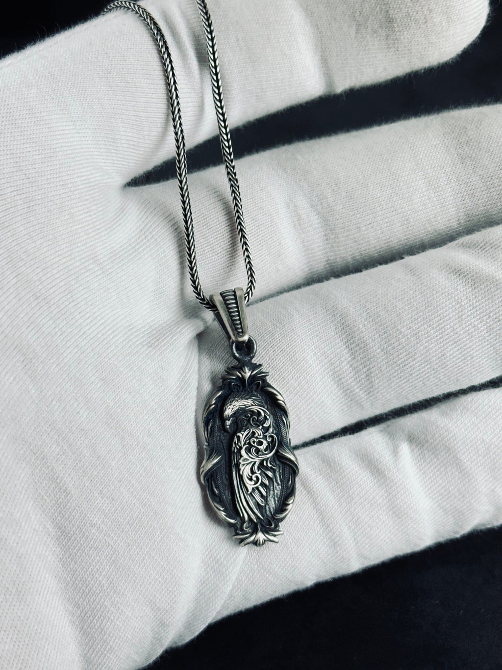 Nature Lover Silver Necklace, Eagle Embroidered Pendant (Adjustable Chain)