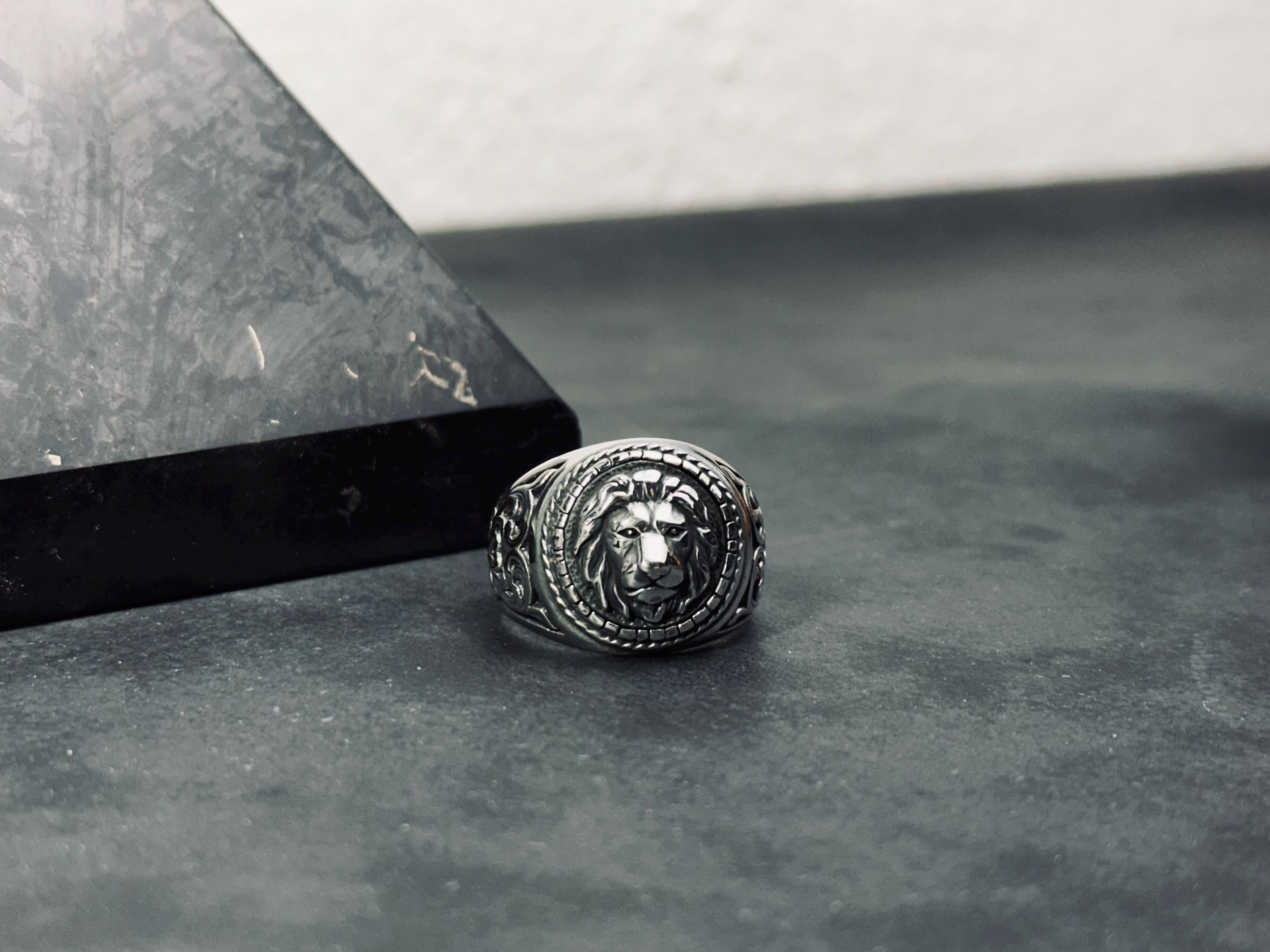 Engraved Lion Ring: Handmade Sterling Silver, Zodiac Leo Design