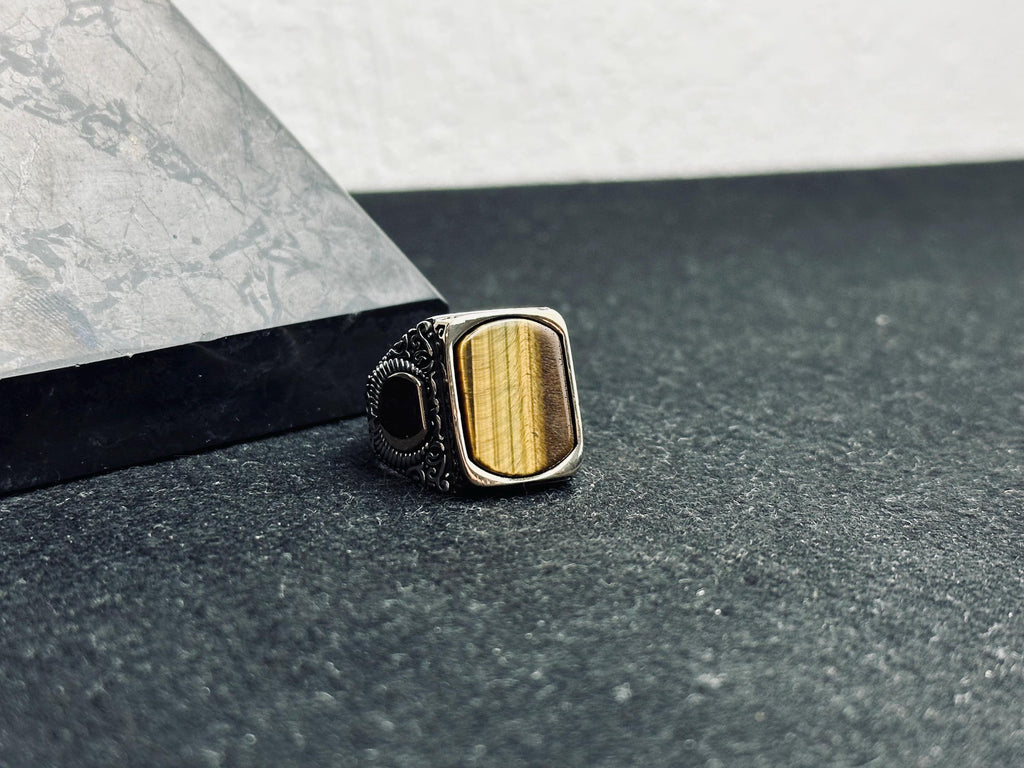 Sterling Silver Men's Ring: Square Tiger Eye Gemstone