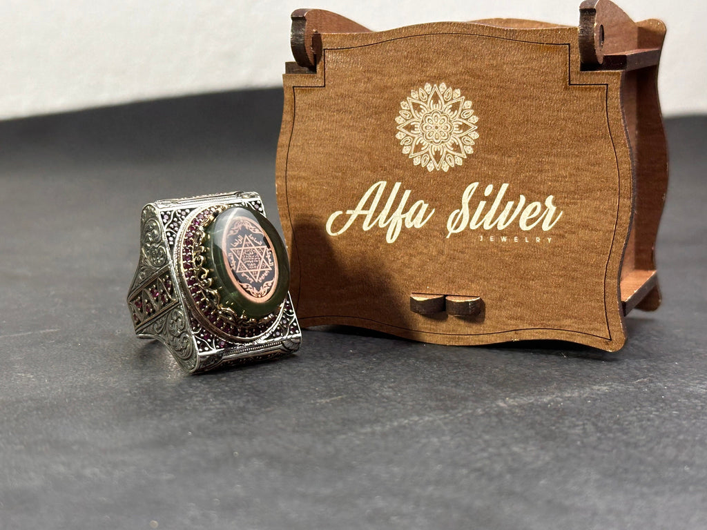Green Amber Solomon Ring: Sterling Silver, Big Men's Signet