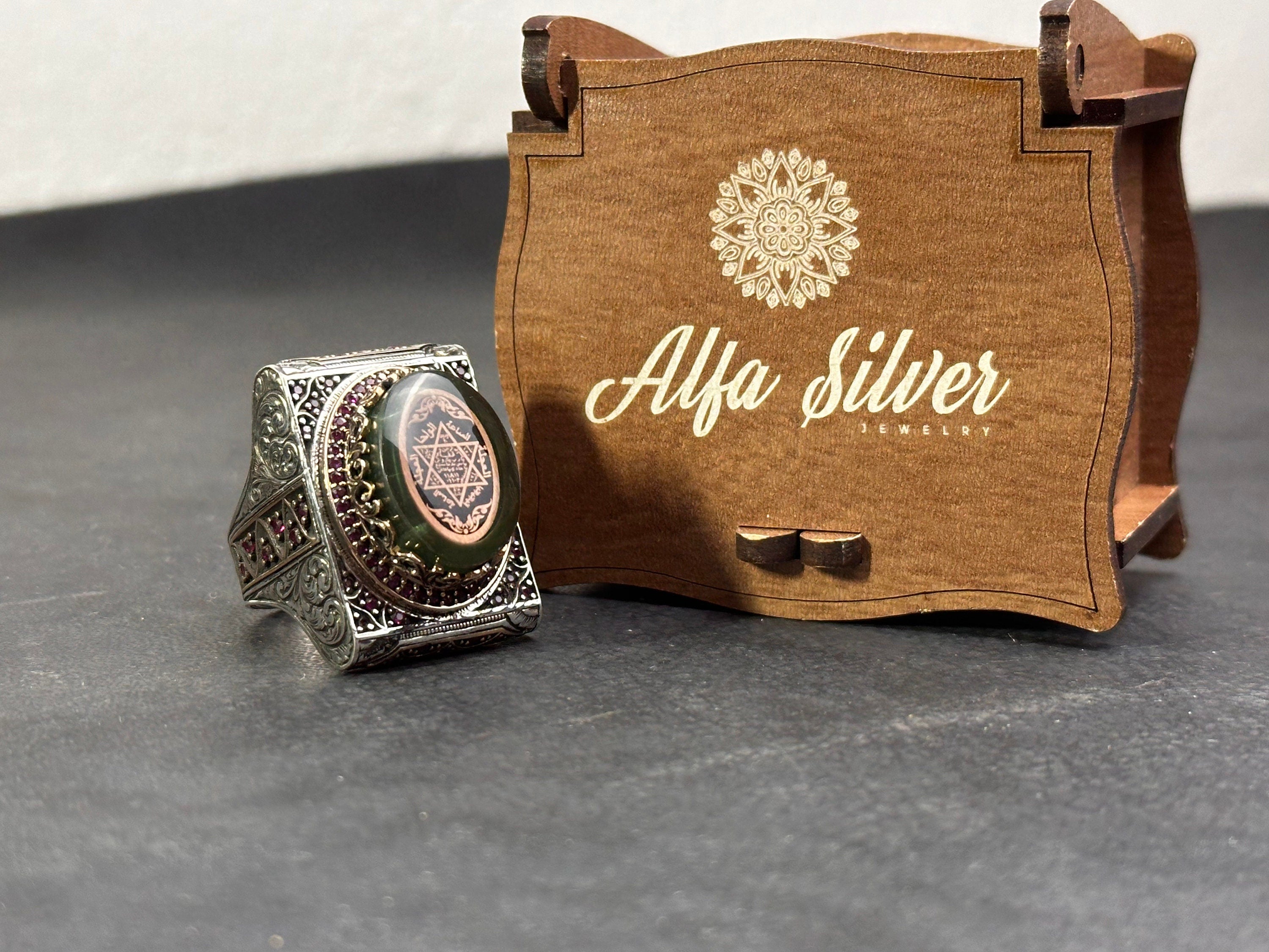 Green Amber Solomon Ring: Sterling Silver, Big Men's Signet