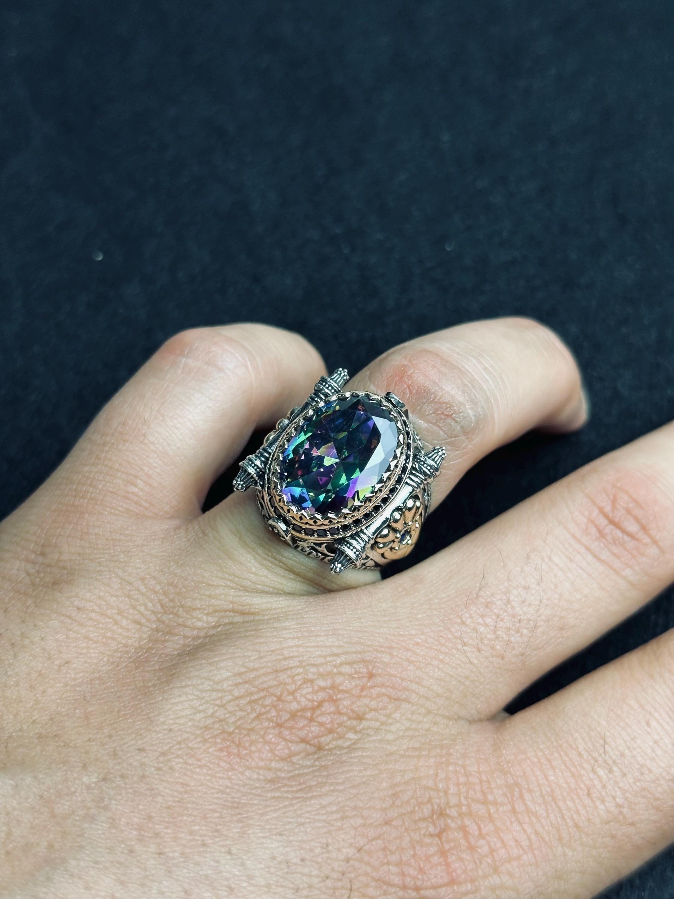 Mystic Topaz Men's Ring - Square Stone, Turkish Handmade Silver