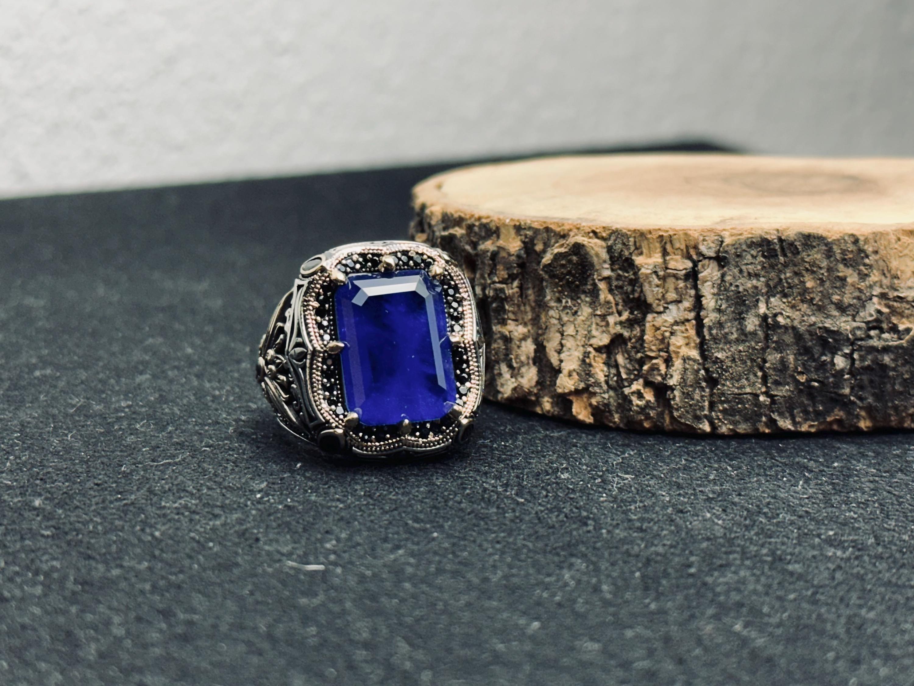 Blue CZ Men's Ring: Handmade Sterling Silver, Turkish Statement