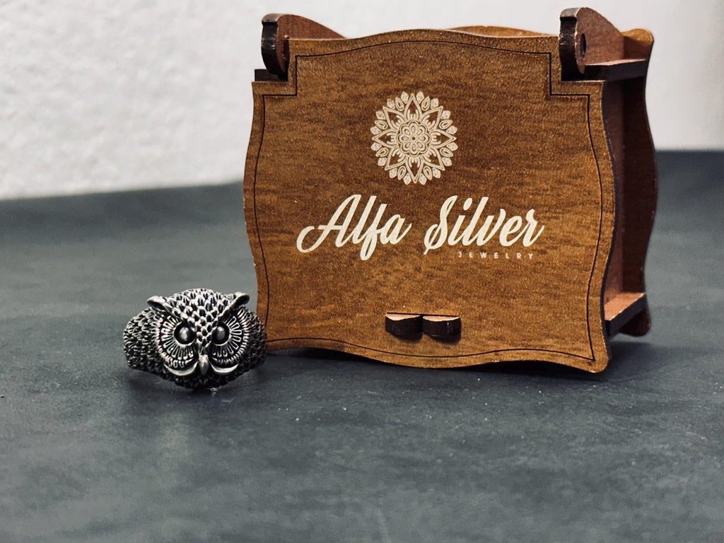 Sterling Silver Owl Ring, Oxidized Finish (Men's Handmade Size 8-12)