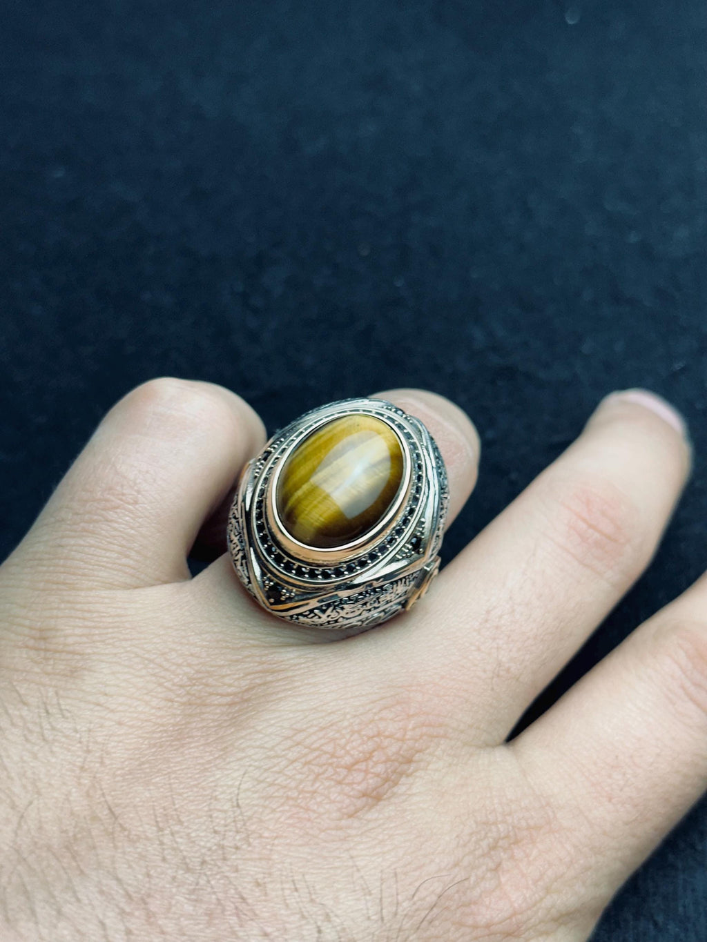 Tiger Eye Silver Ring, Men's Oval Statement (Handmade, Spiritual)