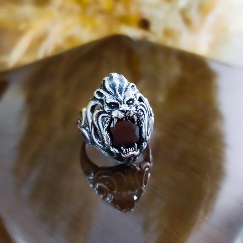 Black Zircon Lion Head Ring - Sterling Silver Men's Statement