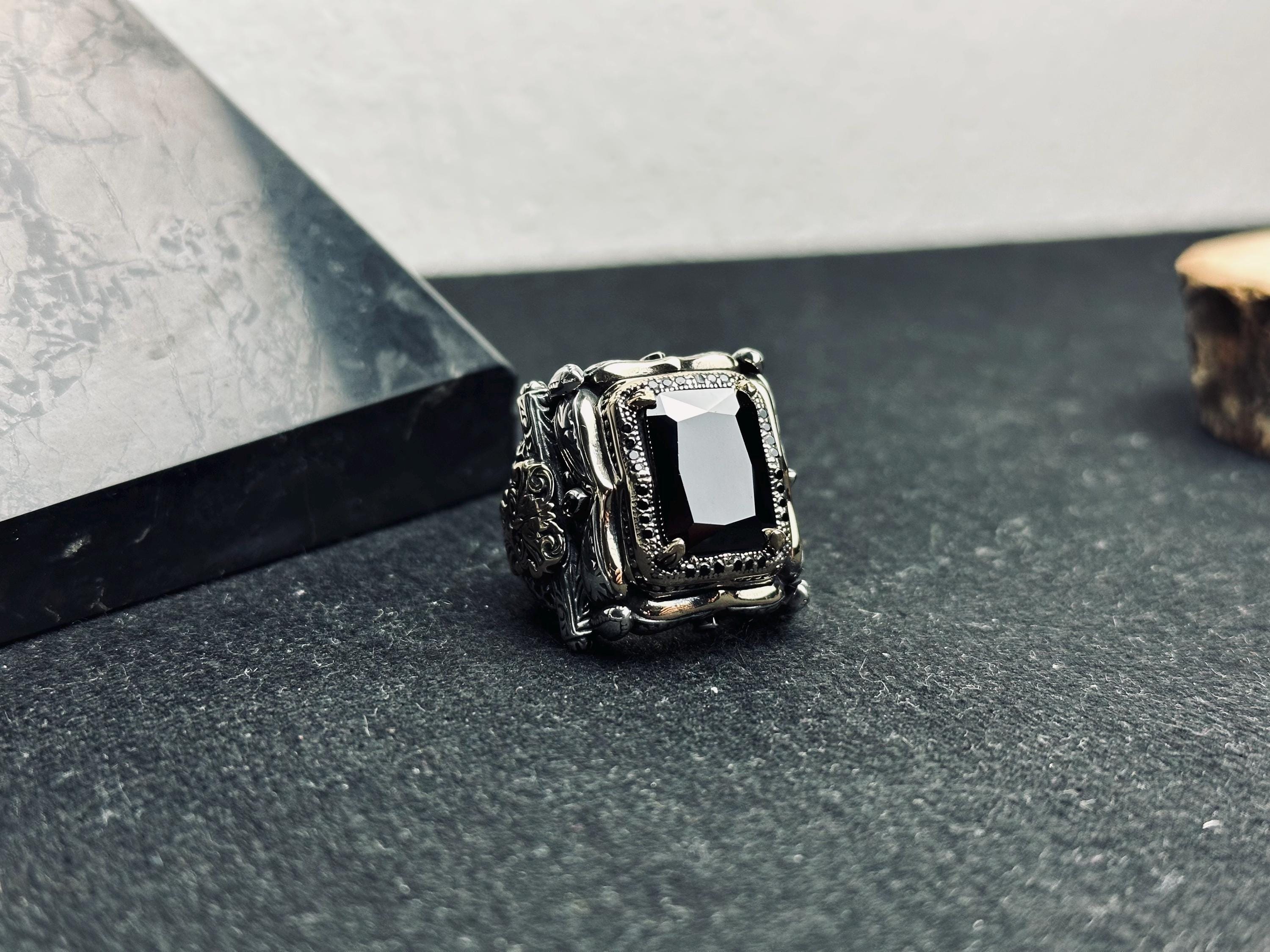 Men's Square Zircon Ring: Bold Black Stone (925 Sterling Silver)