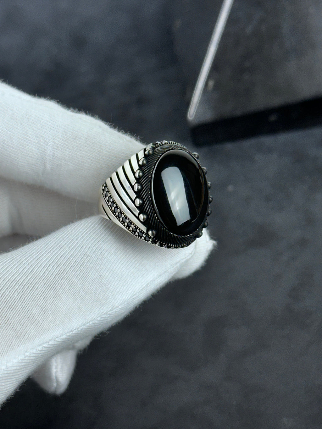 Onyx Ring: Sterling Silver Statement Jewelry (Nebula Cut Stone)