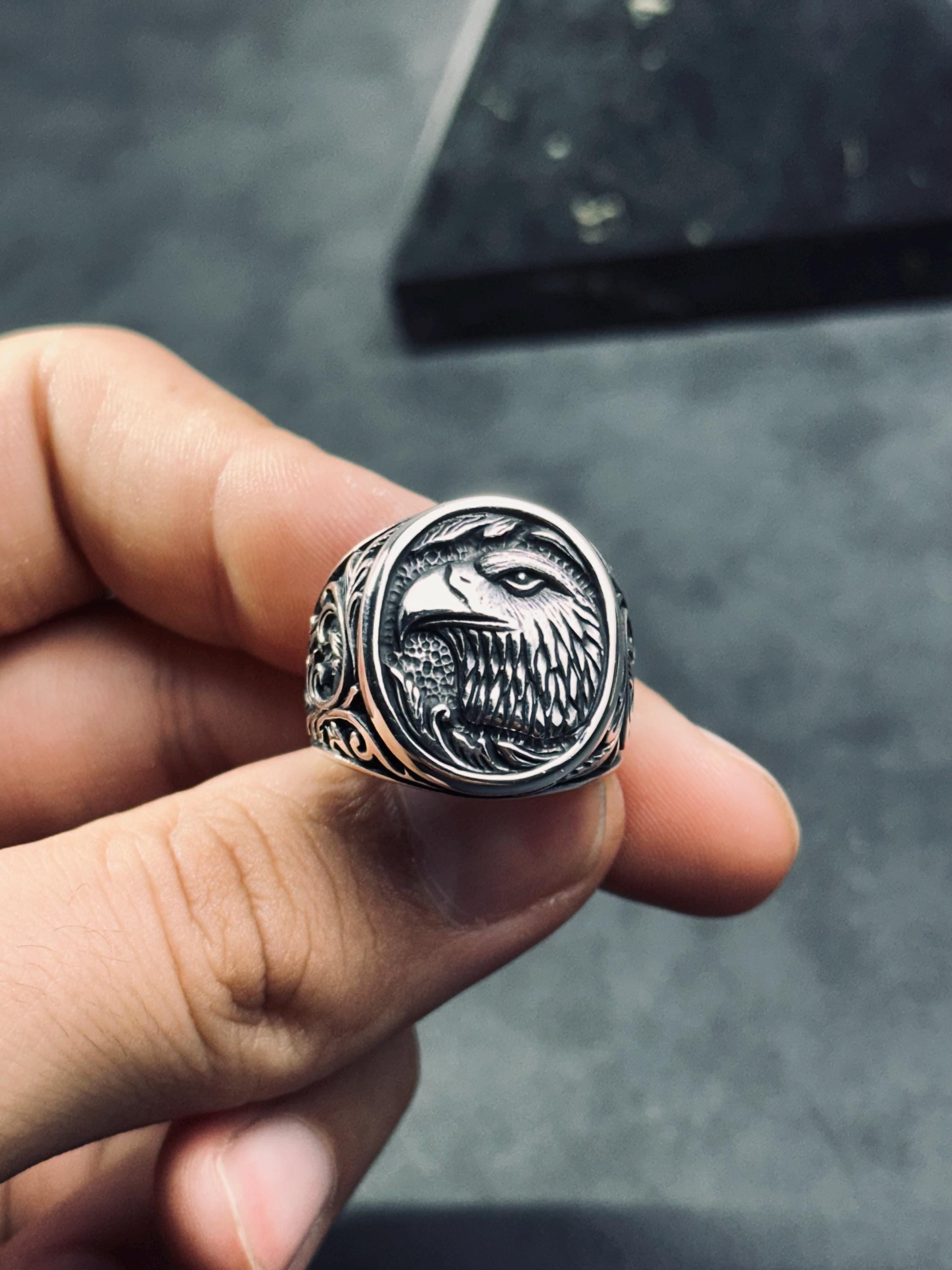 Nordic Eagle Sterling Silver Ring, Oxidized Handmade (Men's Size)
