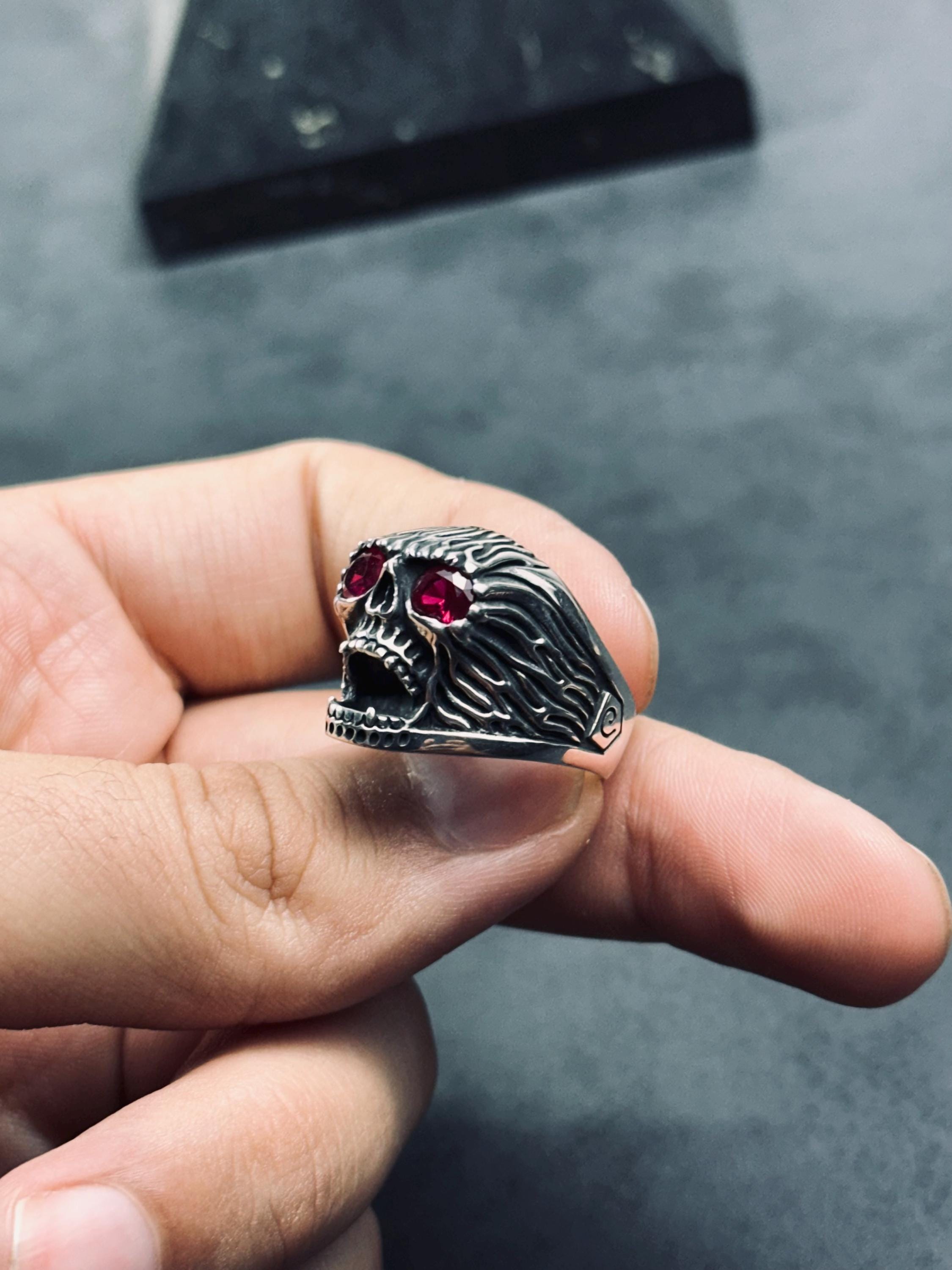 Engraved Skull Biker Ring: Sterling Silver, Handmade Goth Jewelry