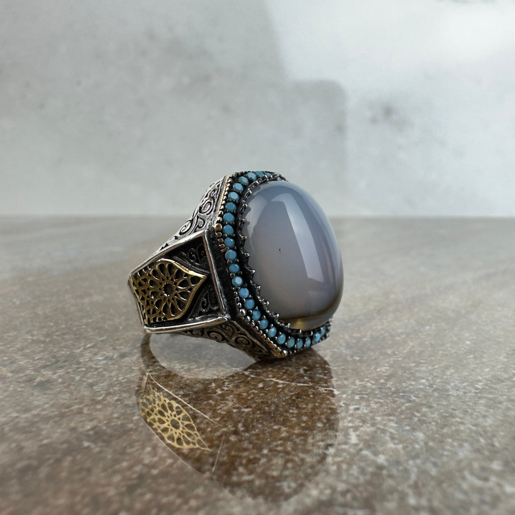 Yemenni Aqeeq Silver Ring - Handmade Men's Gemstone Jewelry
