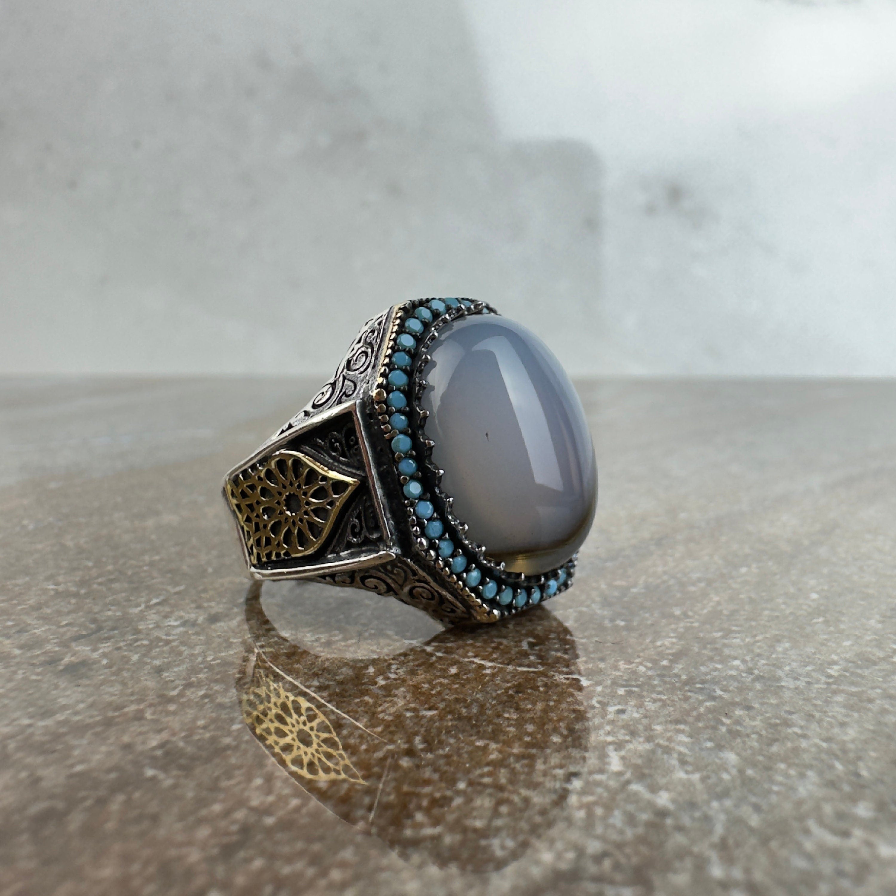 Yemenni Aqeeq Silver Ring - Handmade Men's Gemstone Jewelry