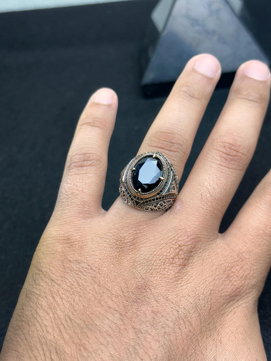 Men's Silver Ring: Handmade 925 Sterling - Black Zircon Stone