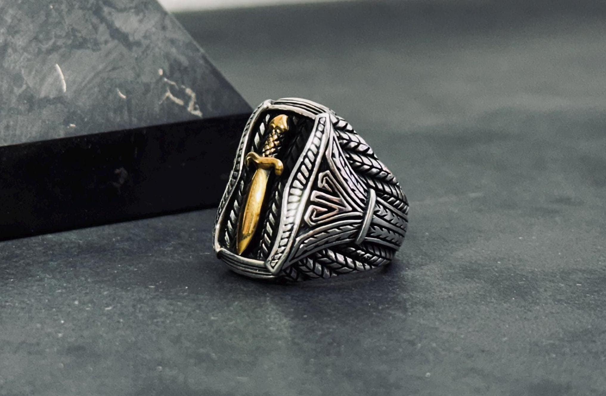 Sword Signet Ring: Handmade Silver with Gold Detail (Adjustable)