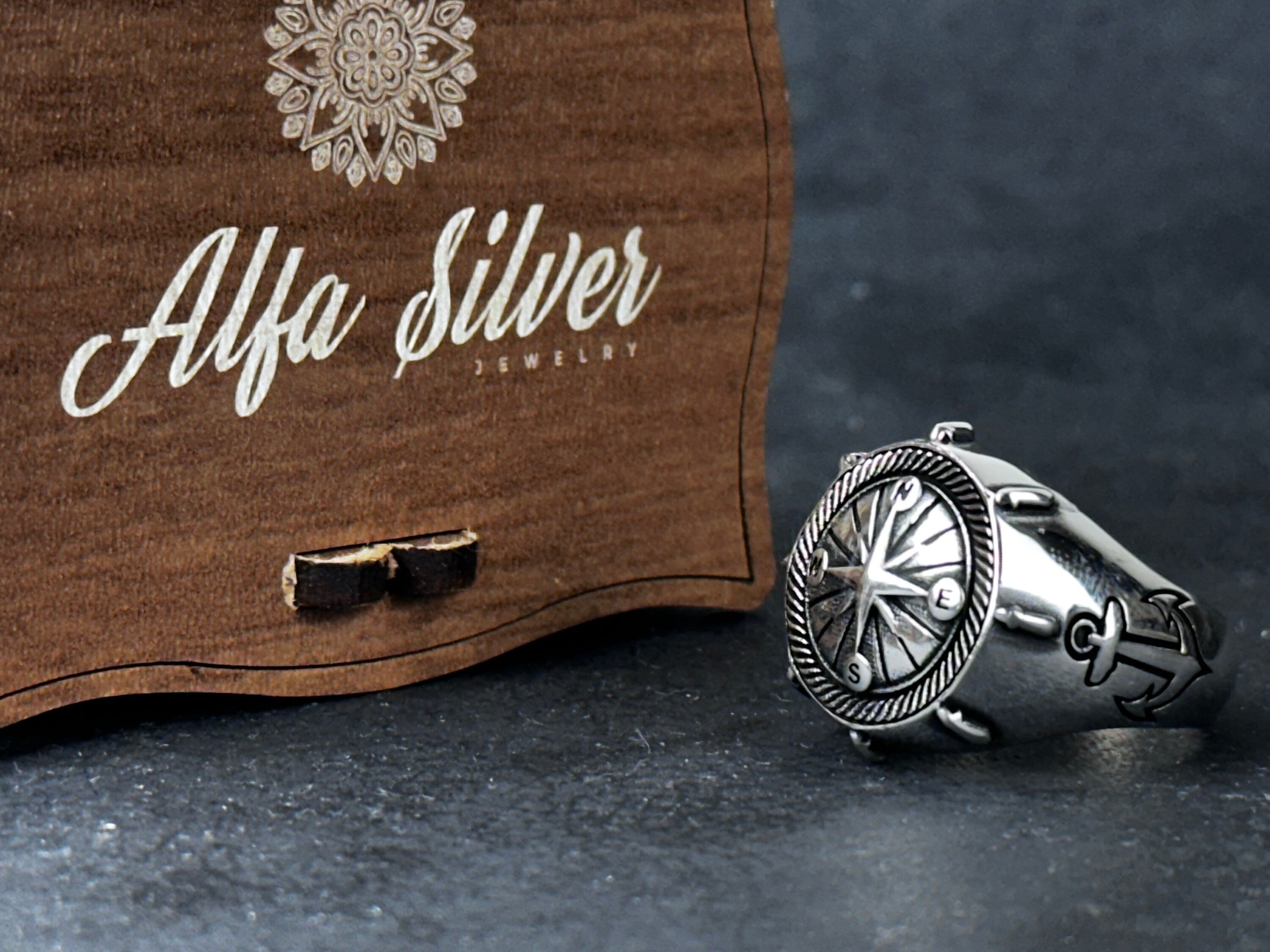 Sterling Silver Compass Ring: Sailor Design - Engraved Anchor Detail