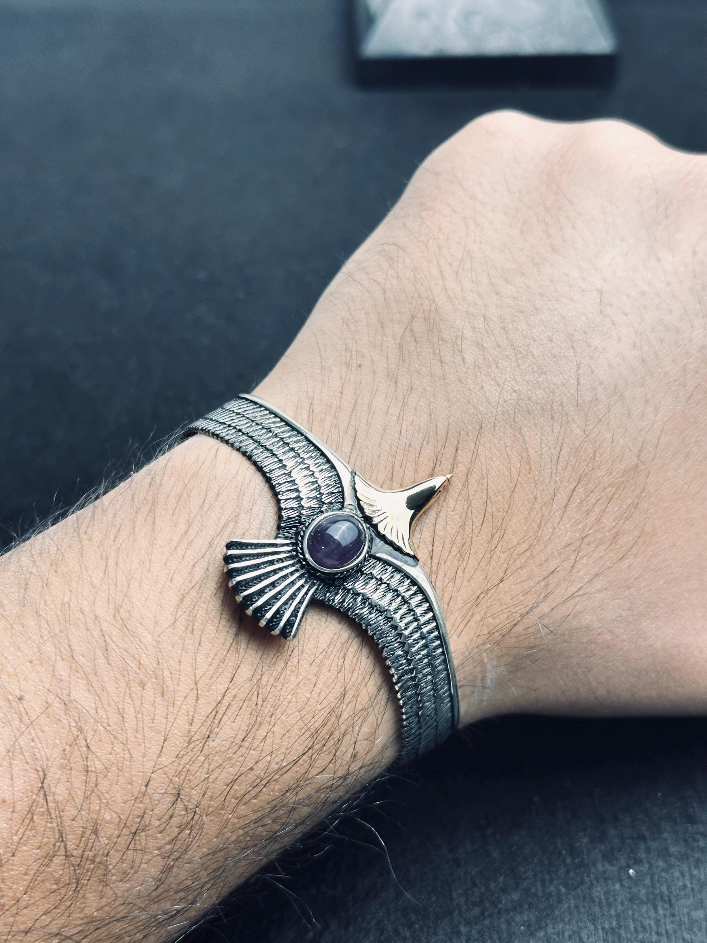 Eagle Amethyst Bracelet: Sterling Silver Cuff (Adjustable, Handmade)