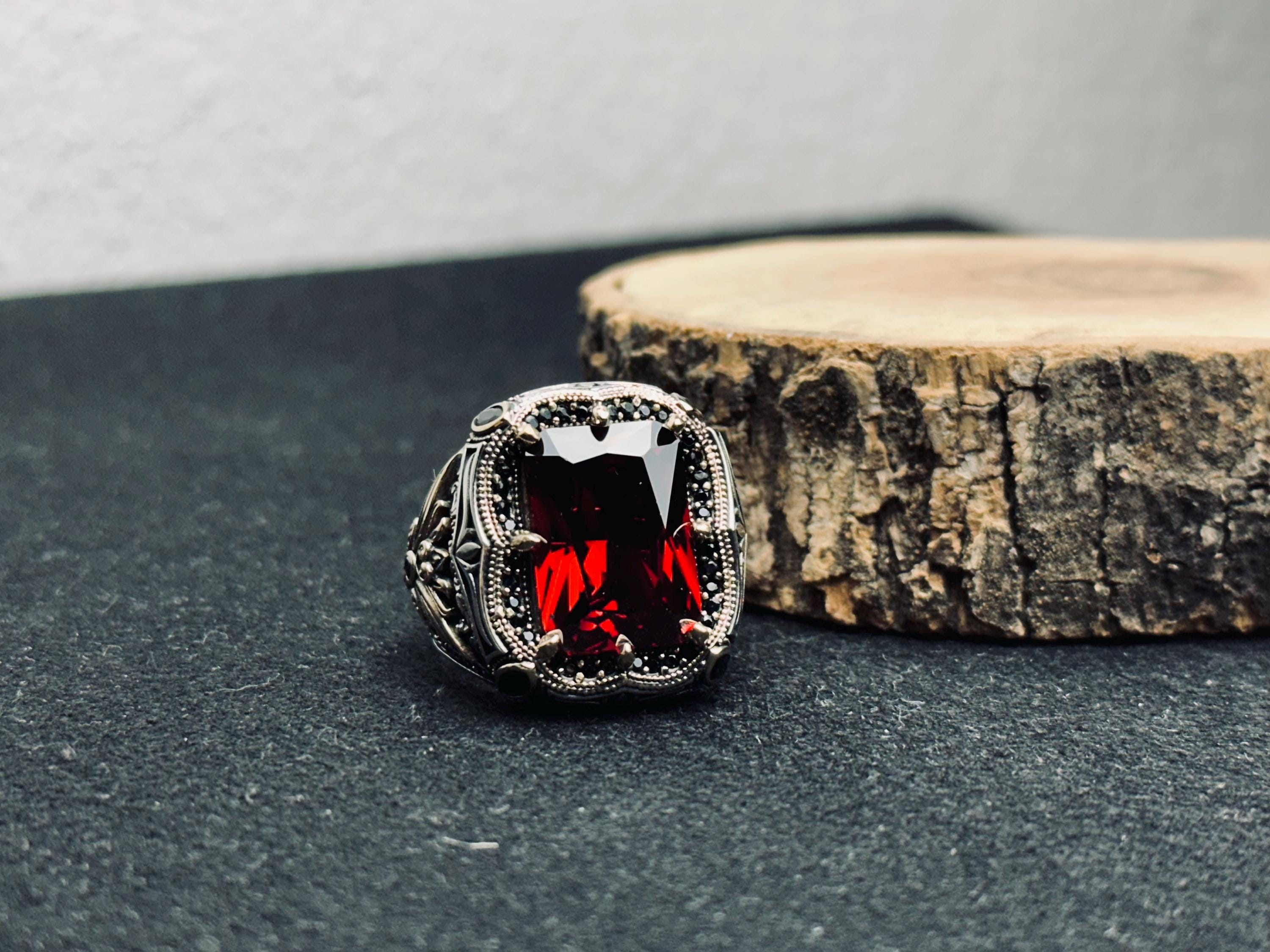 Ottoman Style Ruby Ring - Men's Sterling Silver Statement Jewelry