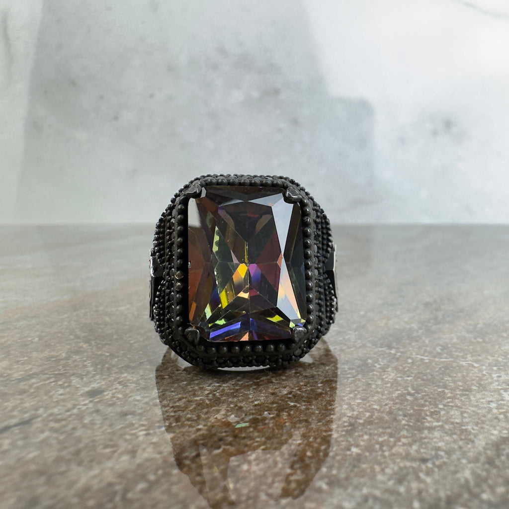 Men's Mystic Topaz Ring: Handmade Sterling Silver (Signet Style)