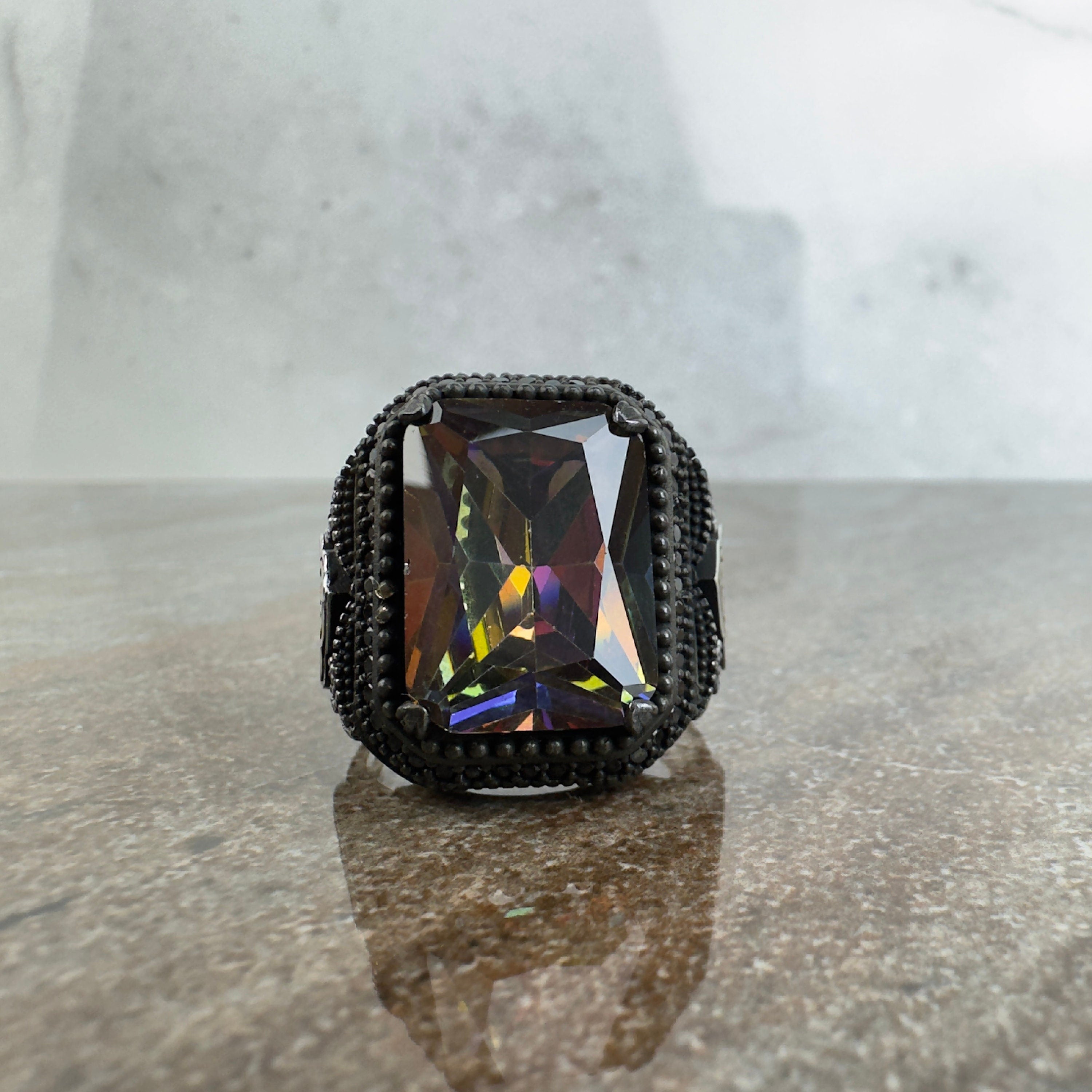Men's Mystic Topaz Ring: Handmade Sterling Silver (Signet Style)