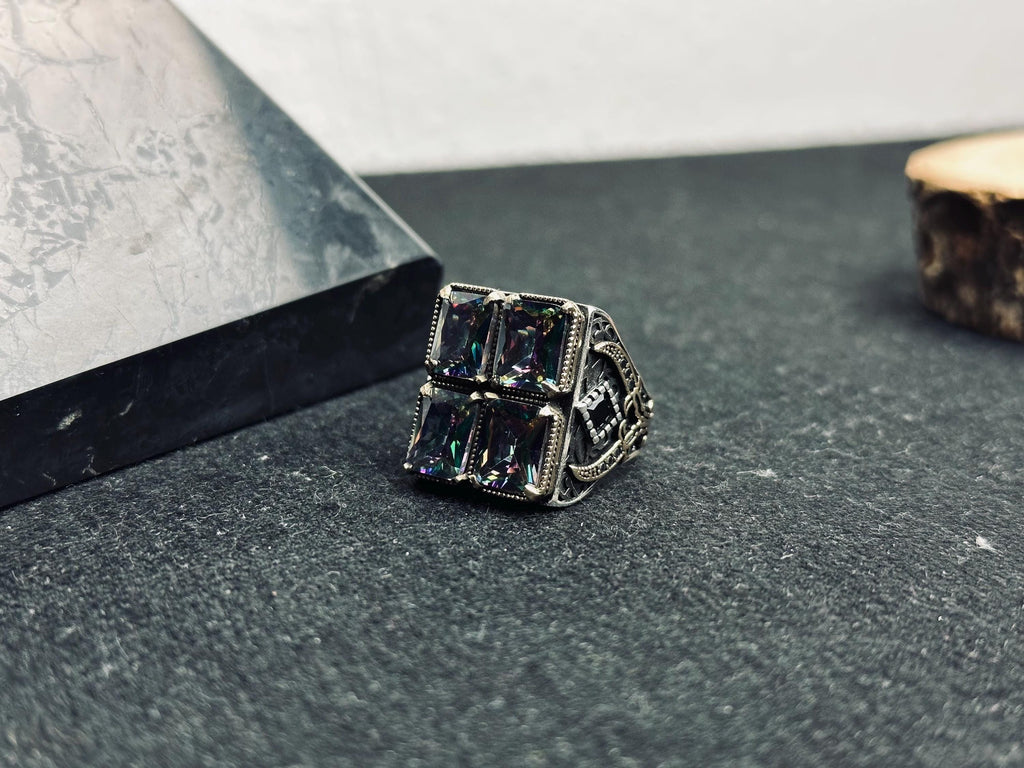 Mystic Topaz Ring: Handmade Turkish Silver (4 Stone Square)