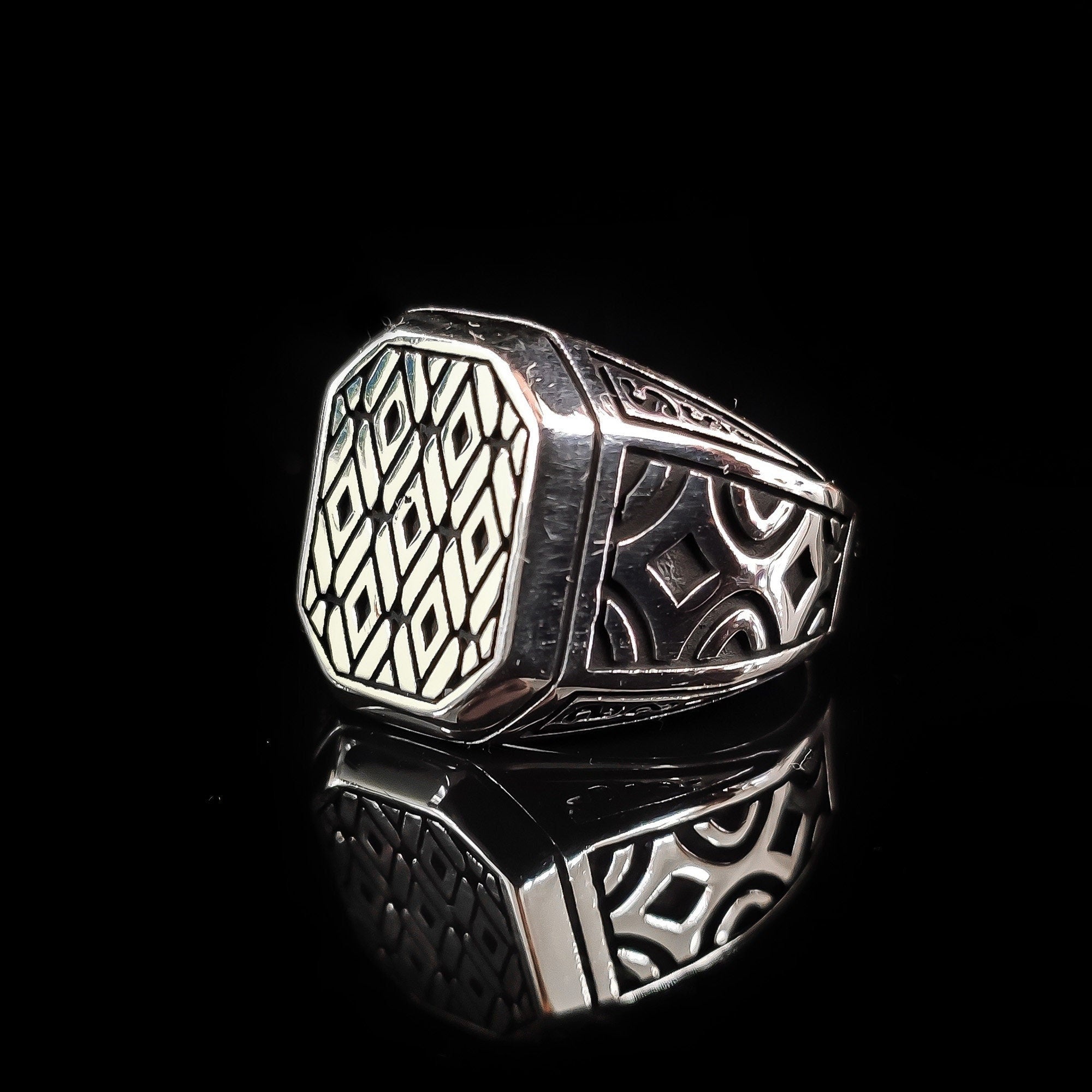 Sterling Silver Signet Ring: Greek Handmade Design (Red Zircon)