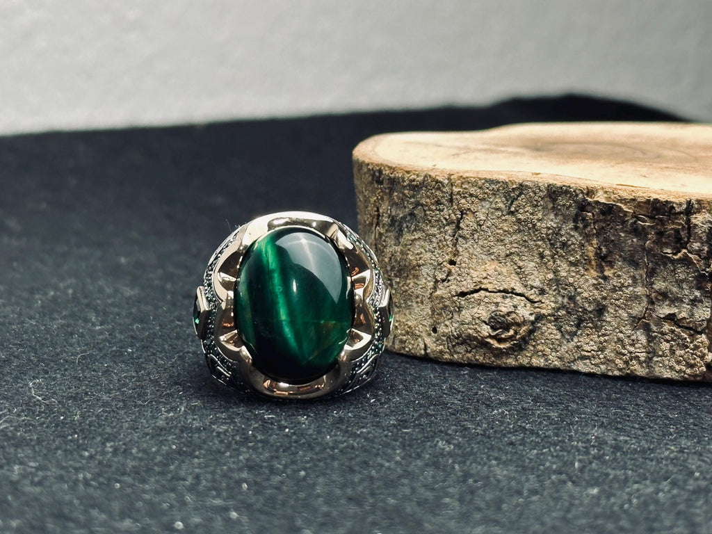 Malachite Sterling Silver Ring, Oval Green Stone (Men's Statement)