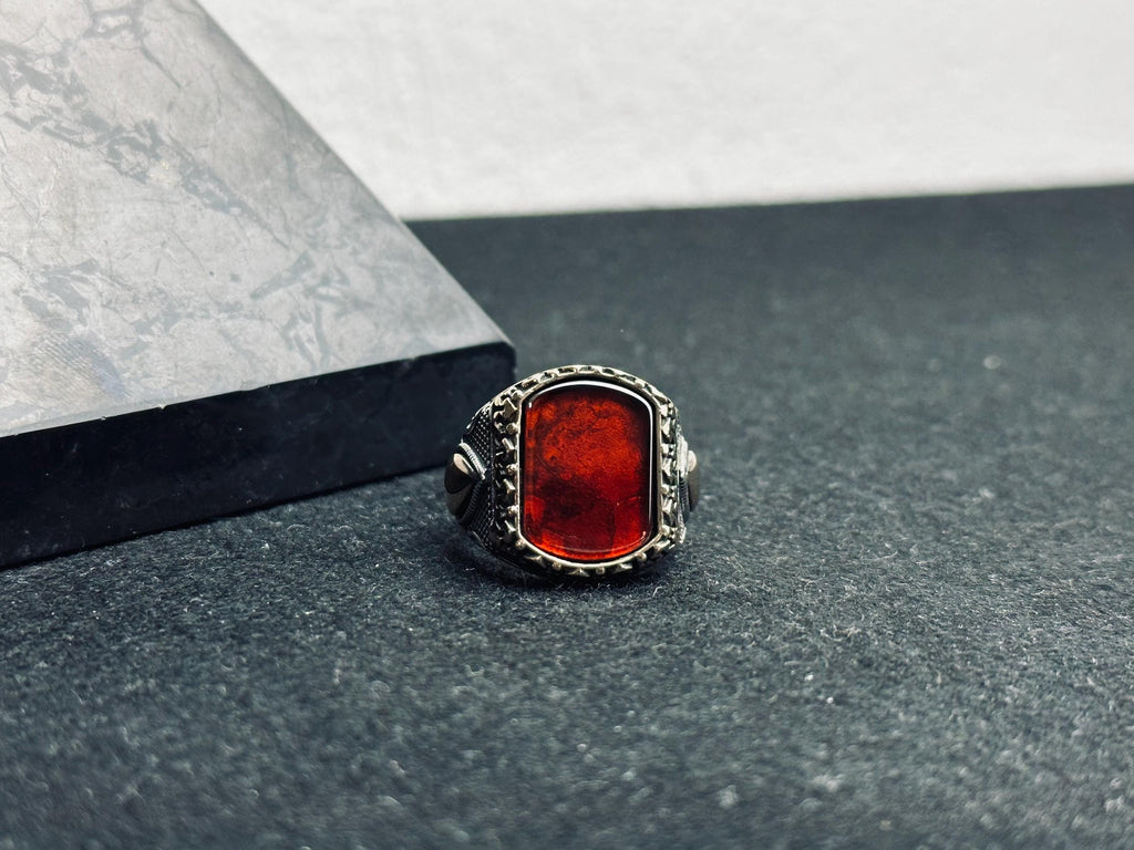 Men’s Baltic Amber Ring: Square Red Gem - Handmade Sterling Silver