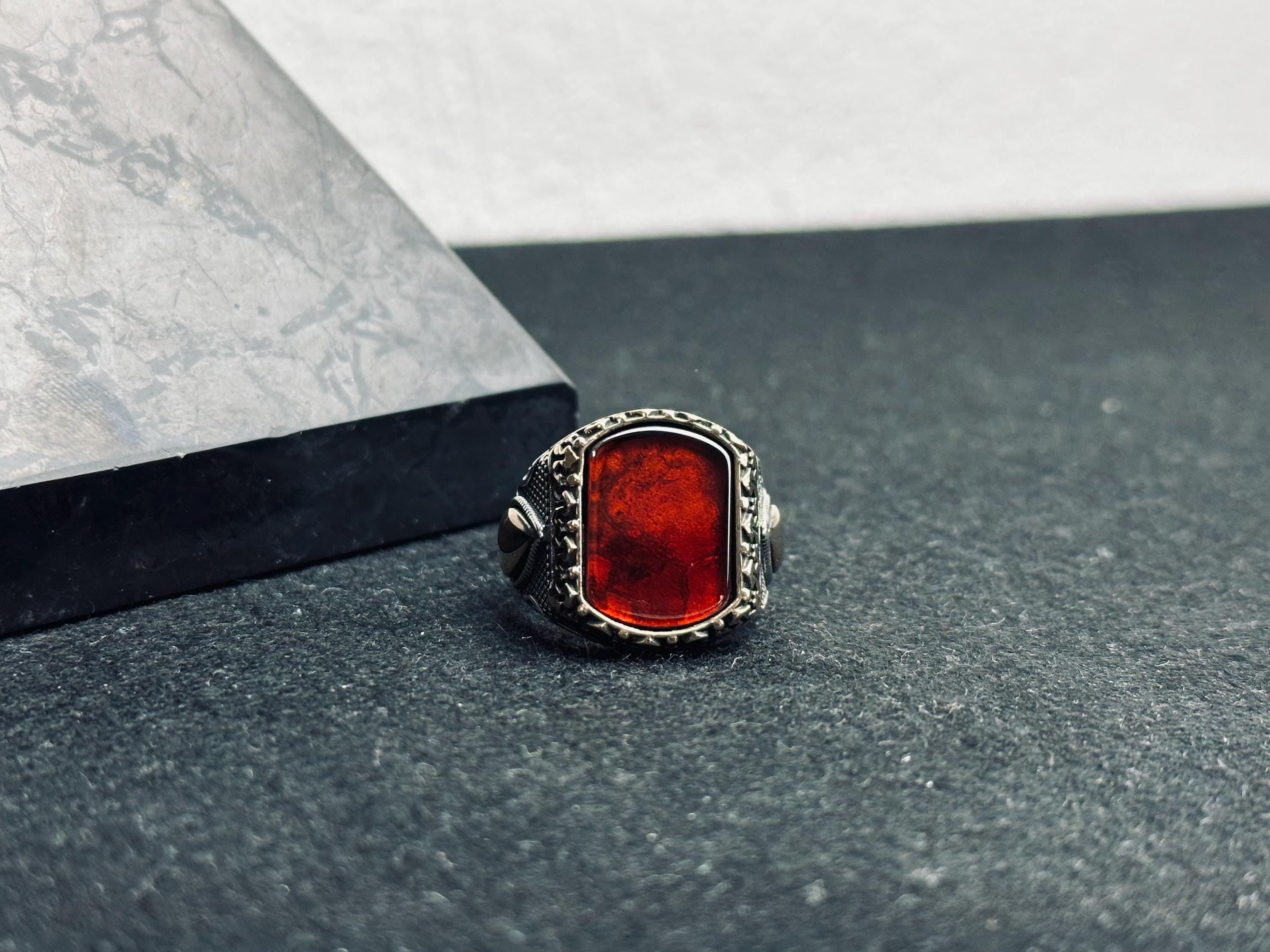 Men’s Baltic Amber Ring: Square Red Gem - Handmade Sterling Silver