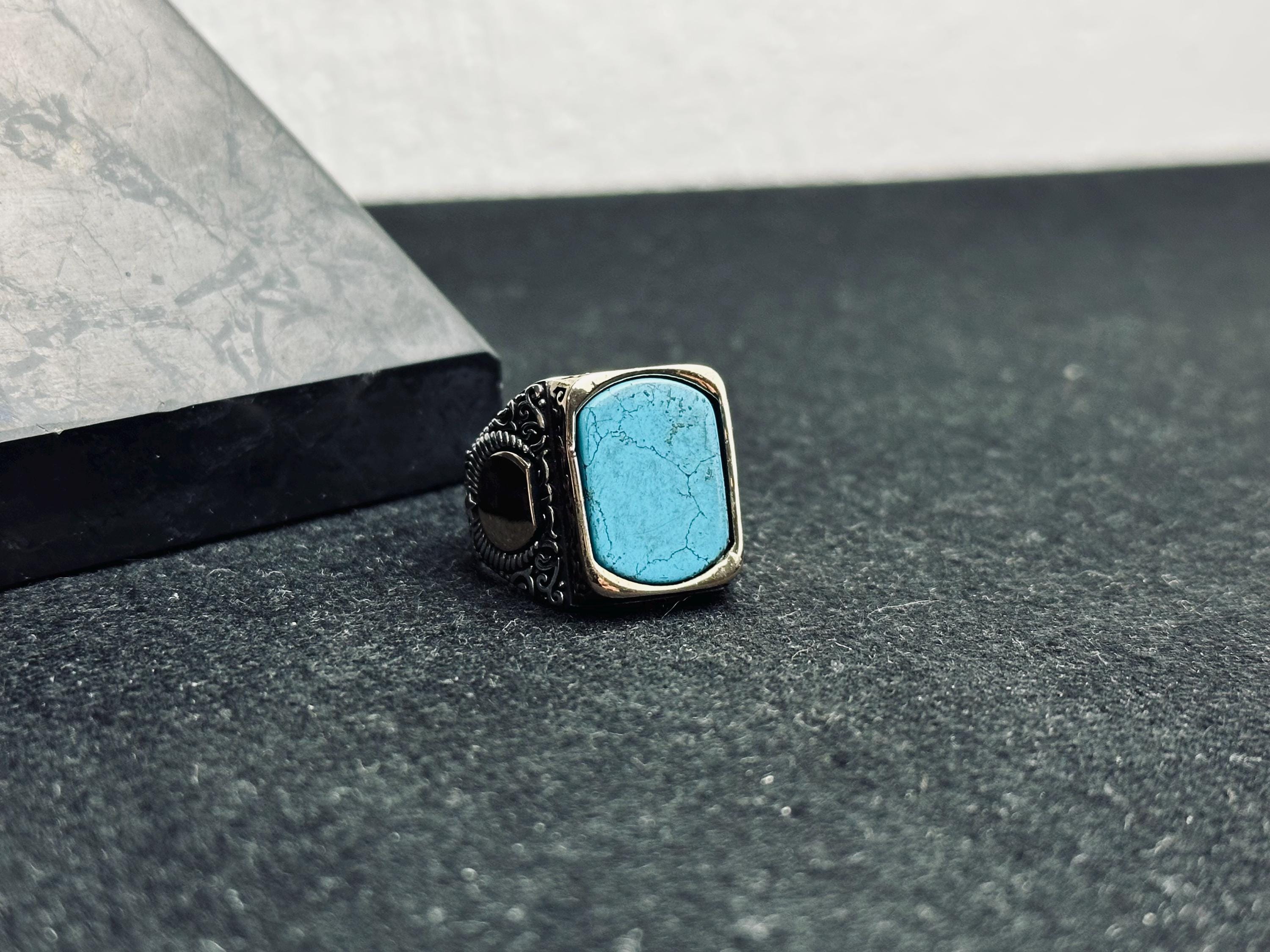 Men’s Turquoise Ring: Square Stone - Sterling Silver Boho Jewelry