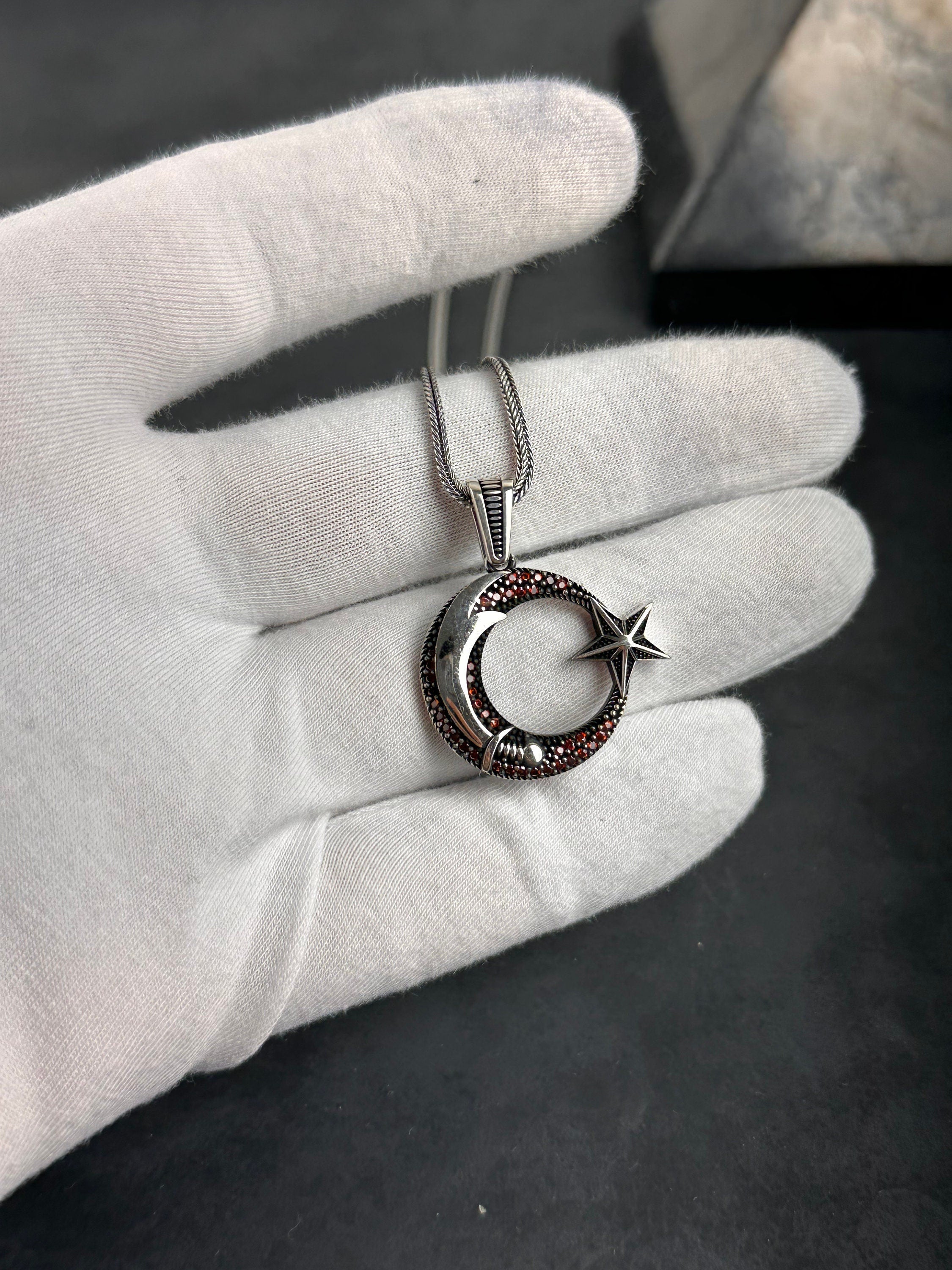 Moon Star Necklace: Sterling Silver Rope Chain - Crescent Pendant