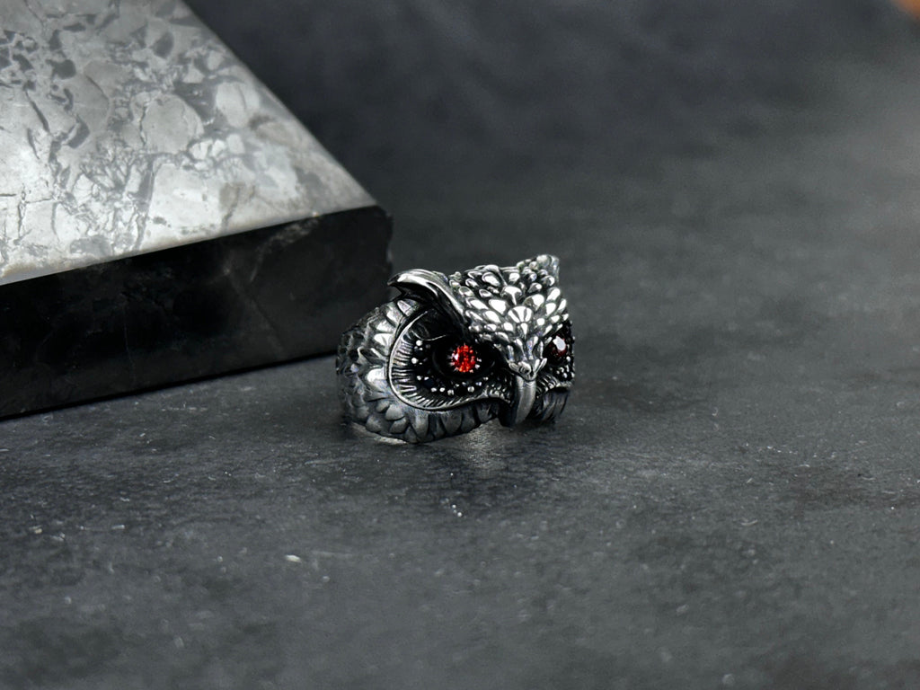 Owl Ring: Sterling Silver, Zircon Eye Detail - Handmade Statement