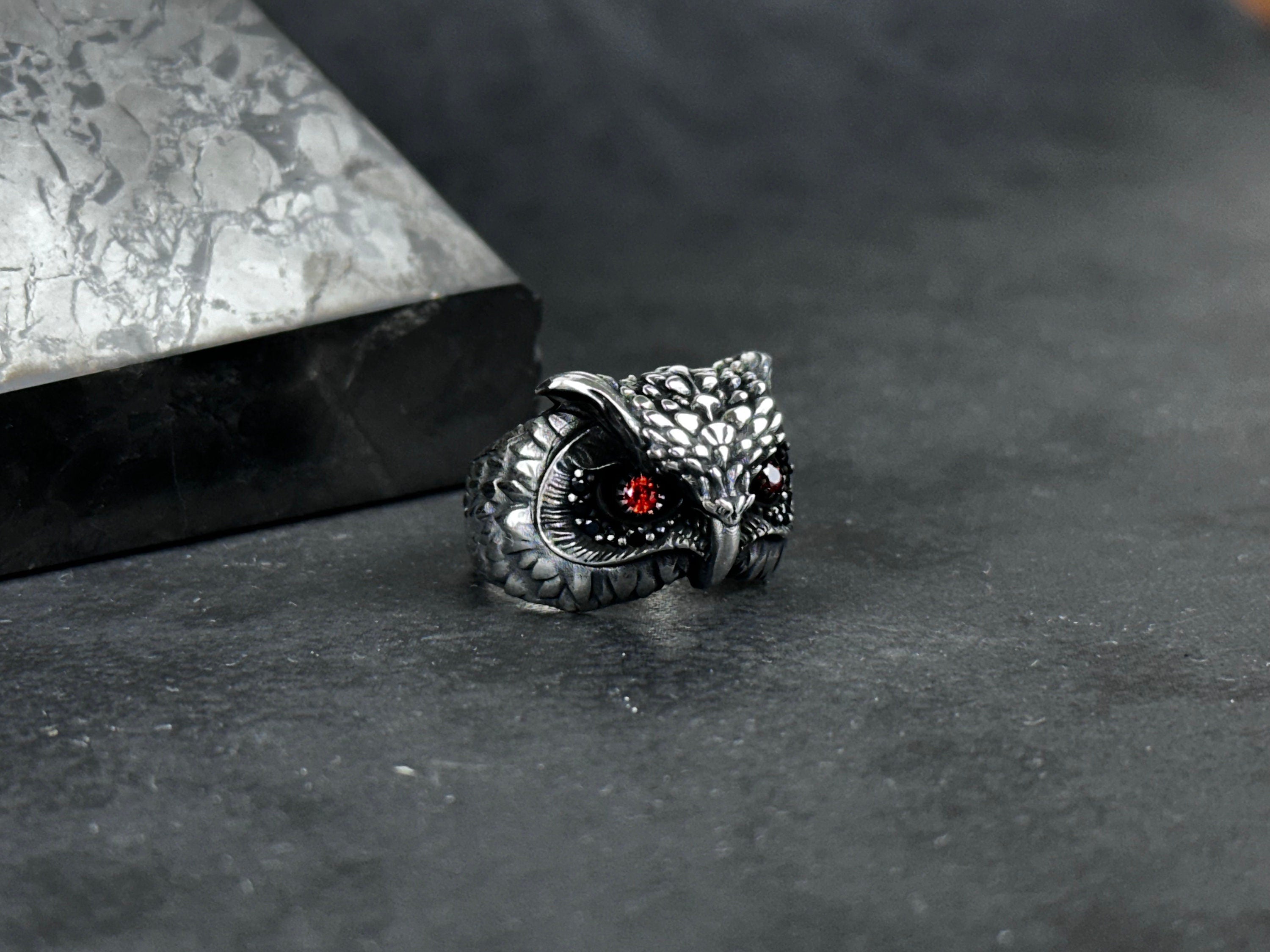 Owl Ring: Sterling Silver, Zircon Eye Detail - Handmade Statement