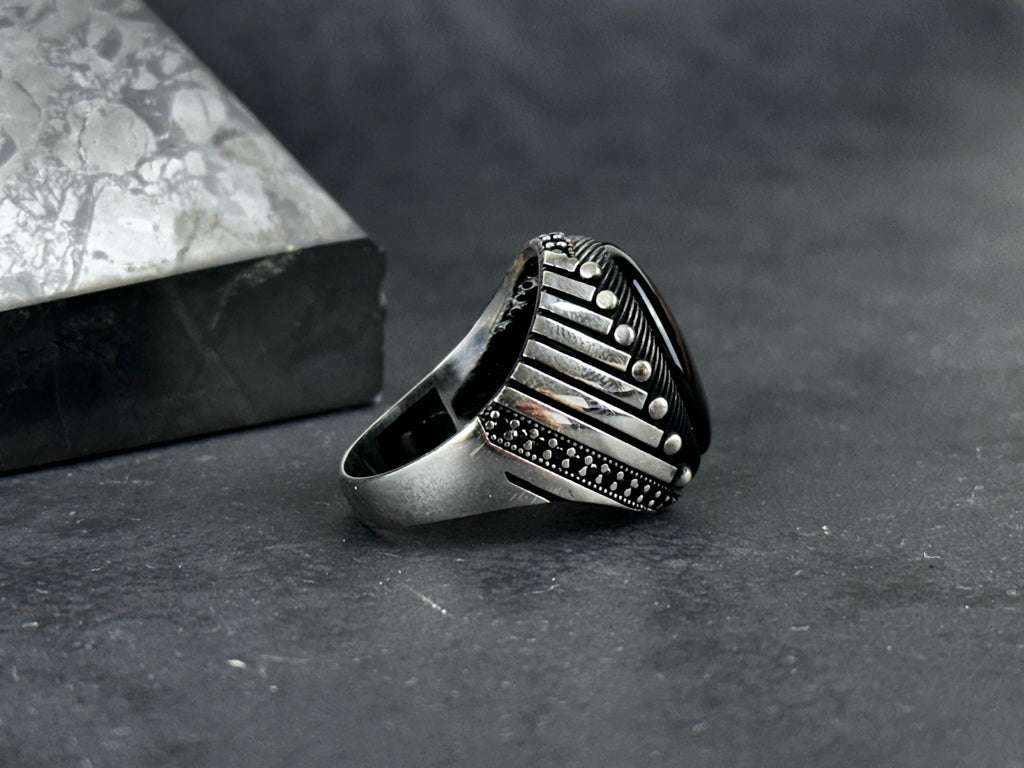 Onyx Ring: Sterling Silver Statement Jewelry (Nebula Cut Stone)