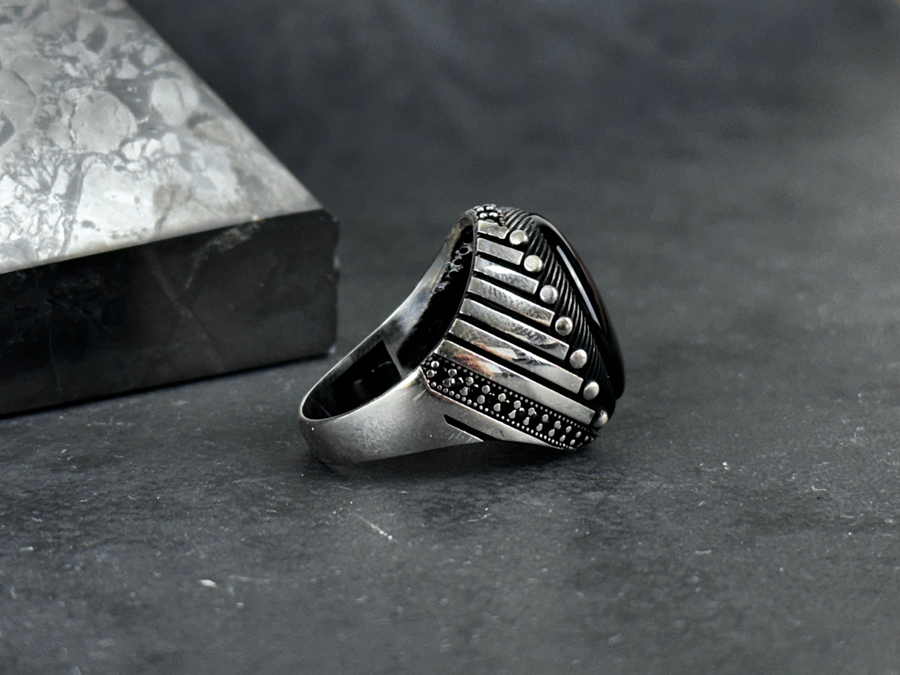 Onyx Ring: Sterling Silver Statement Jewelry (Nebula Cut Stone)