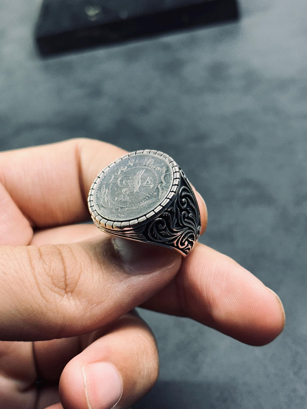 Oxidized Sterling Silver Signet Ring, Hand Cast (Engraved Band)