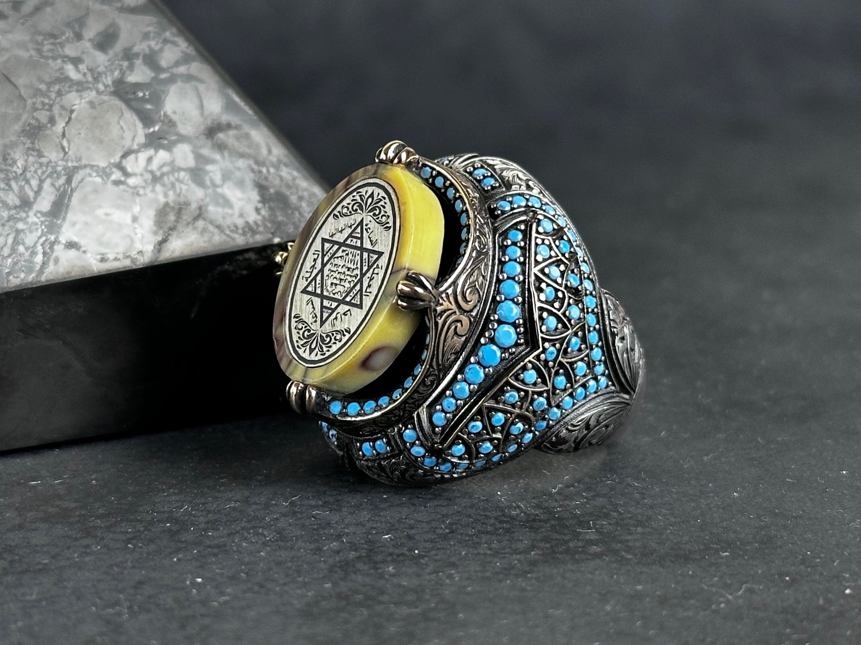 Seal of Solomon Ring: Spiritual Amber Stone (Sterling Silver)