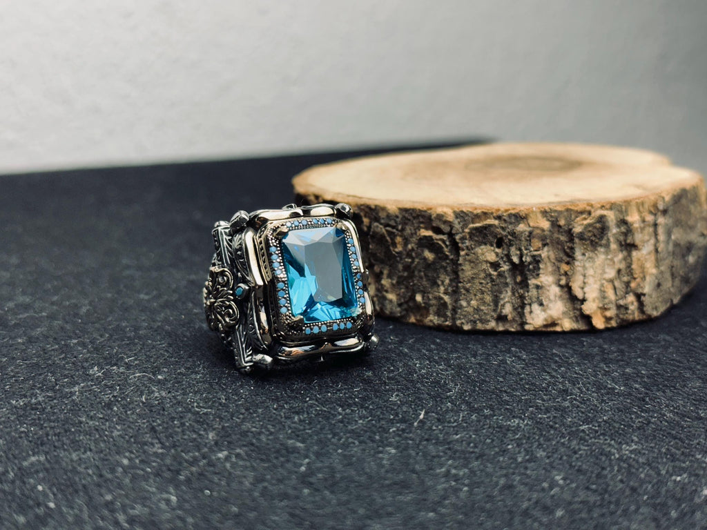 Men's Statement Ring: Large Aquamarine Square Gem - Sterling Silver