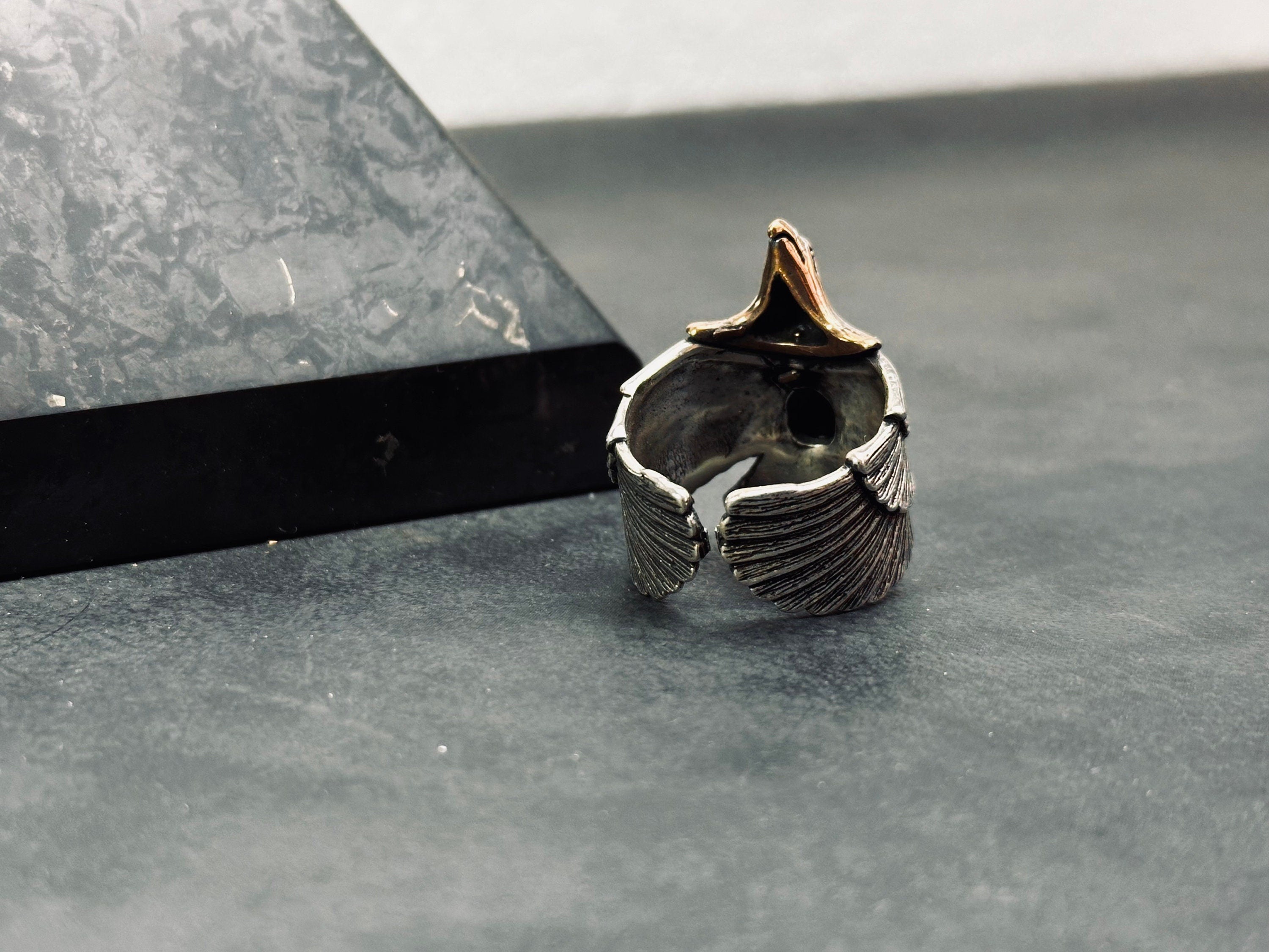 Eagle Ring: Onyx Stone, Sterling Silver - Adjustable Oxidized Finish
