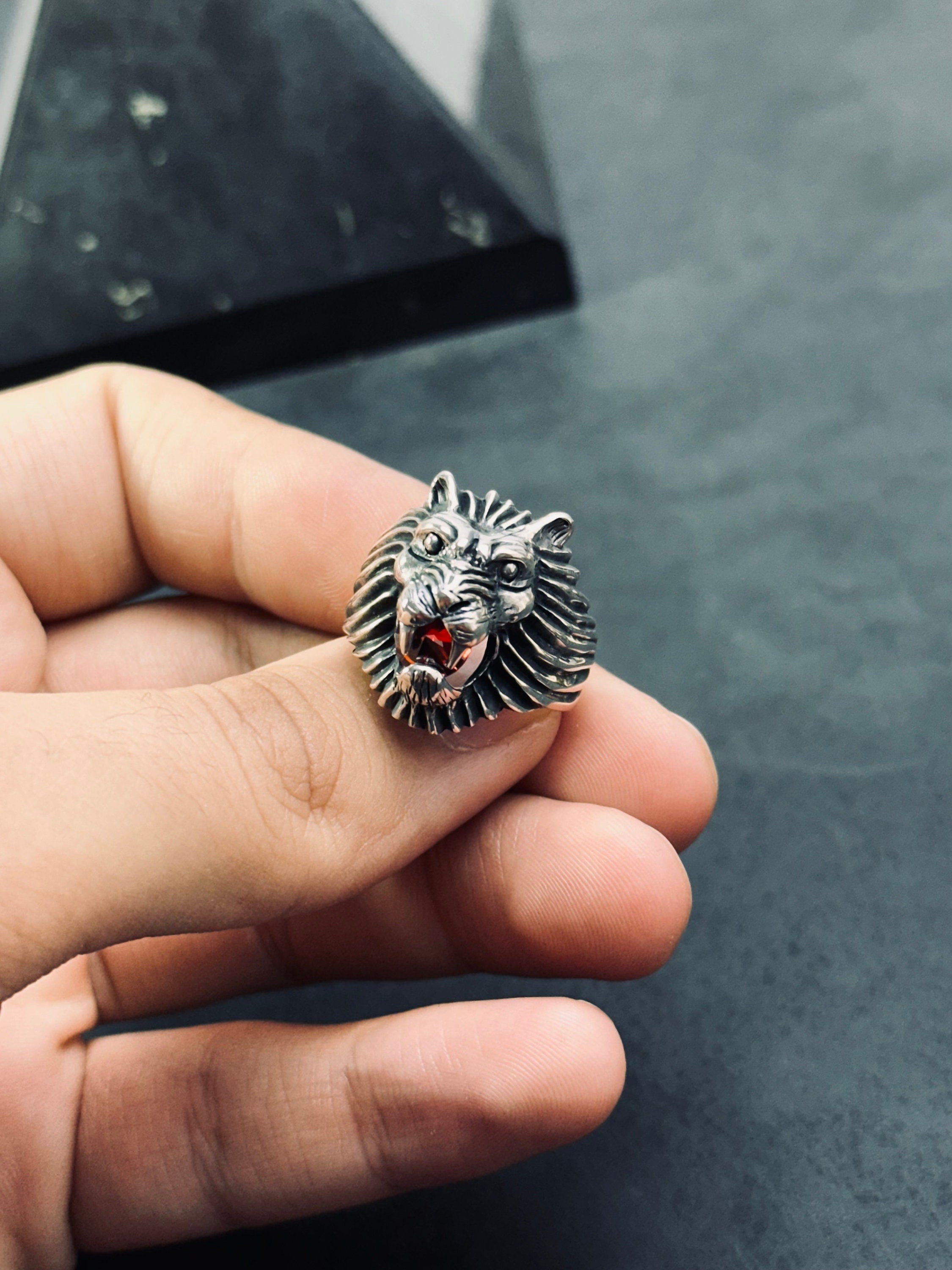 Men's Sterling Silver Lion Ring, Engraved CZ Gemstone (Handmade)