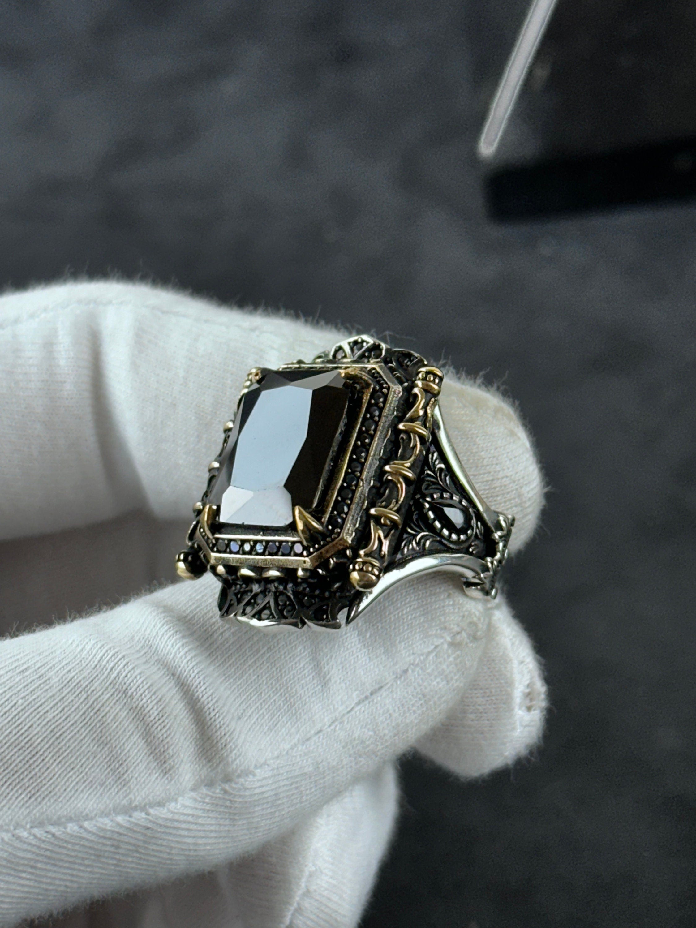 Black Zircon Sterling Silver Ring: Handcrafted Engraved Design