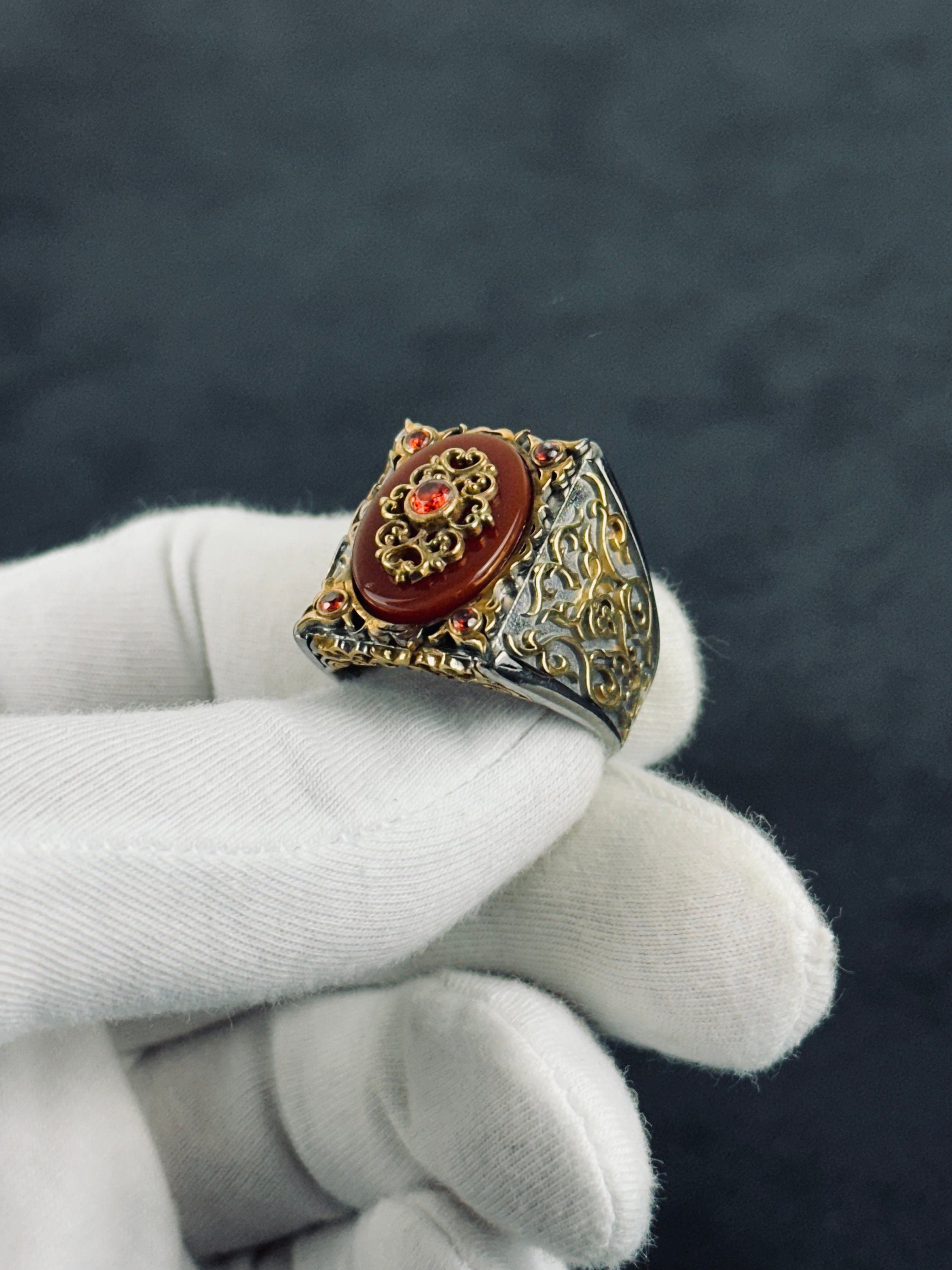 Red Aqeeq Ring: Handmade Sterling Silver (Engraved, Zirconium Accent)
