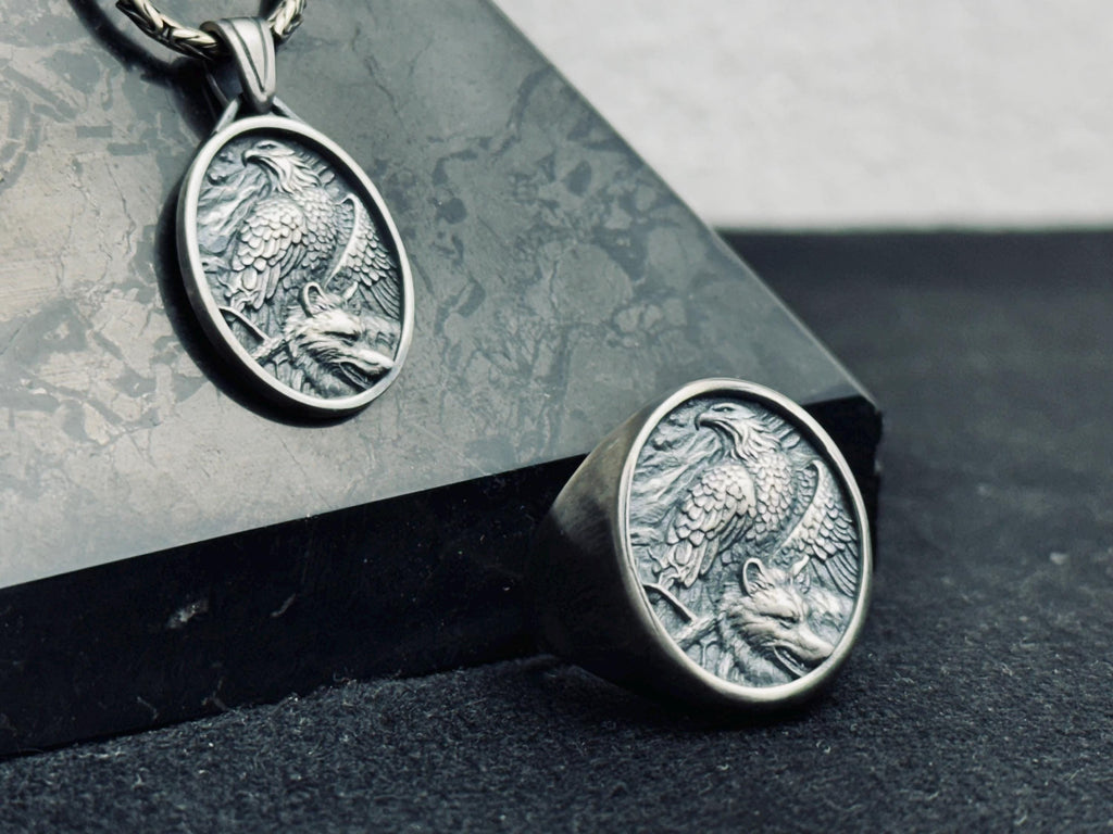 Sterling Silver Eagle Necklace and Ring Set - Handmade Winged Jewelry