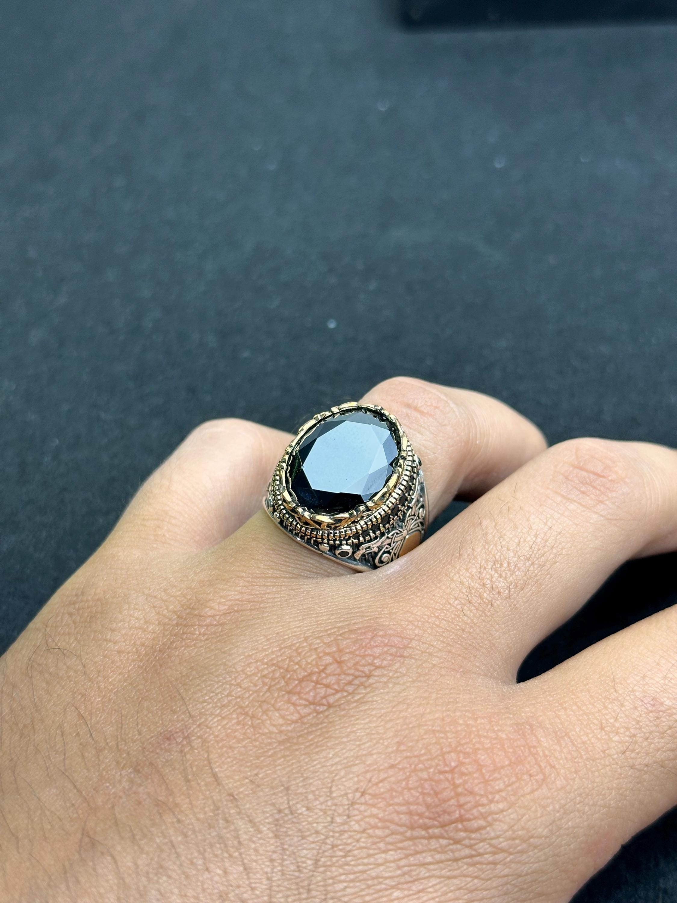 Men's Black Zircon Ring, Sterling Silver Oval (Handmade, Engraved)